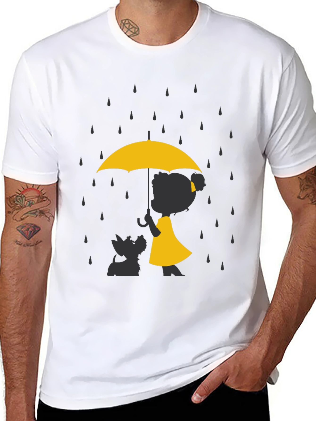 Yellow Umbrella T-Shirt - Dog & Girl Silhouette