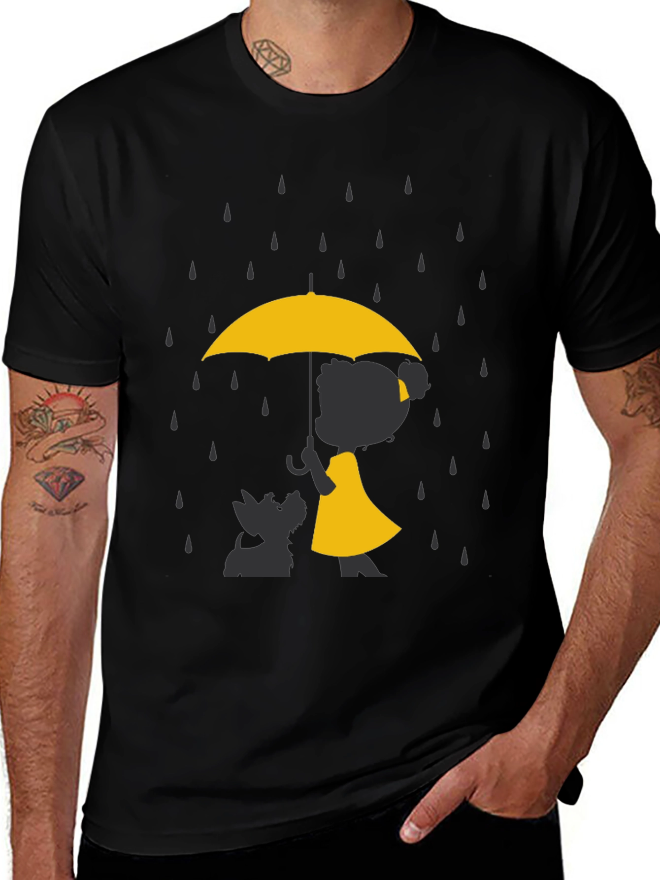 Yellow Umbrella T-Shirt - Dog & Girl Silhouette