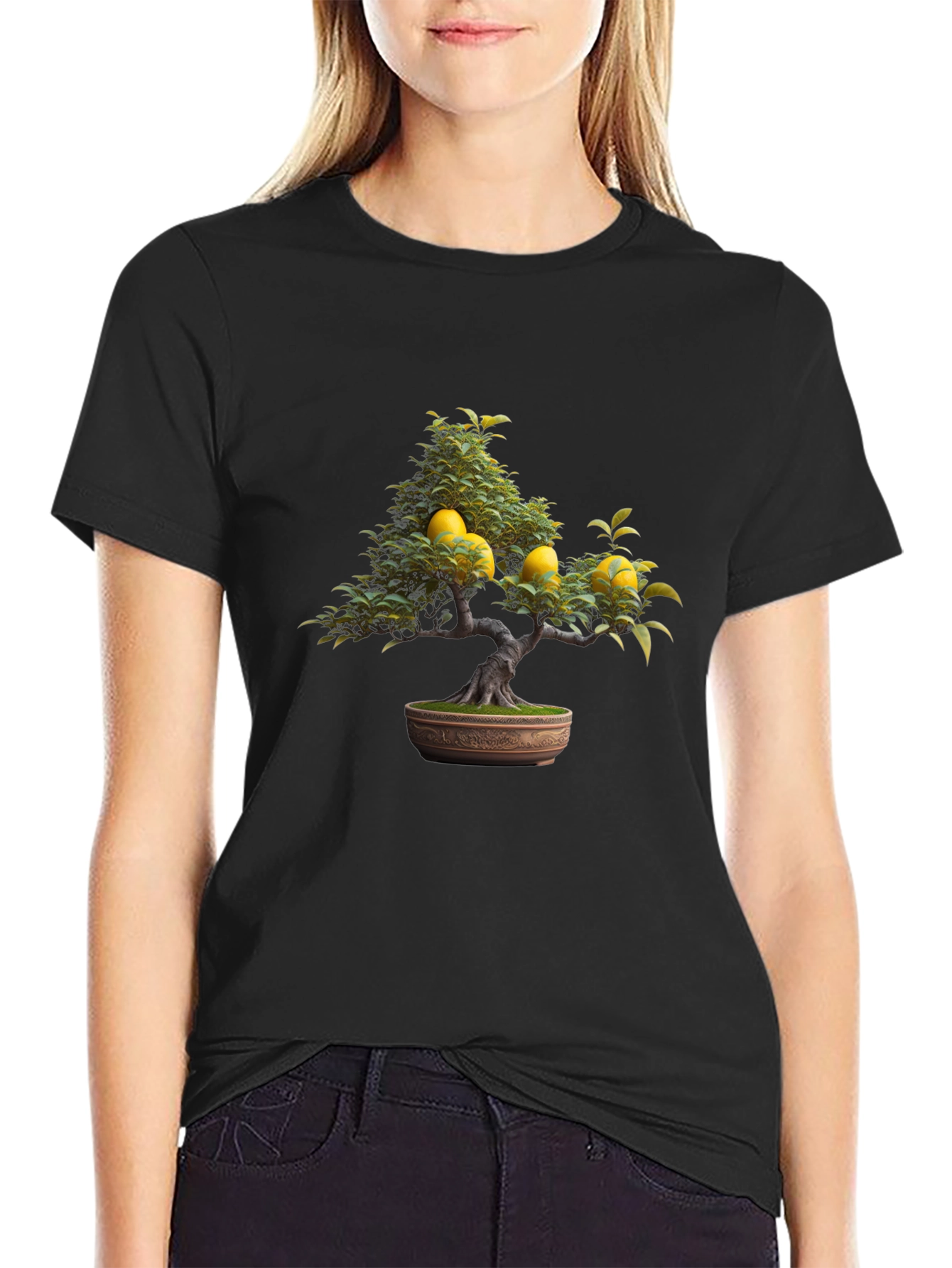 Lemon Bonsai Tree Graphic Tee - Black Casual T-Shirt