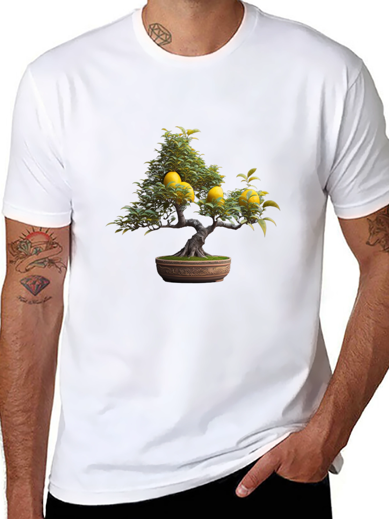 Lemon Bonsai Tree Graphic Tee - Black Casual T-Shirt