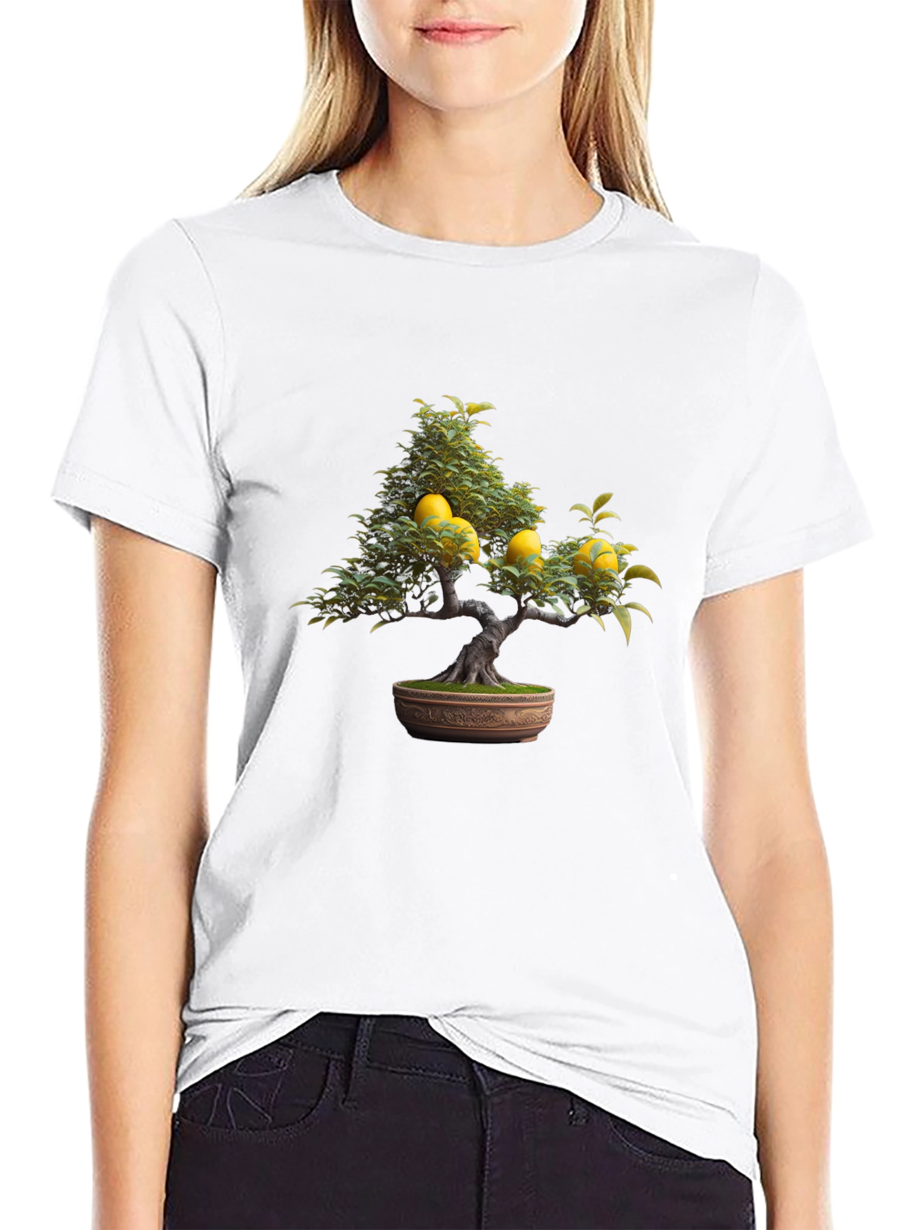 Lemon Bonsai Tree Graphic Tee - Black Casual T-Shirt