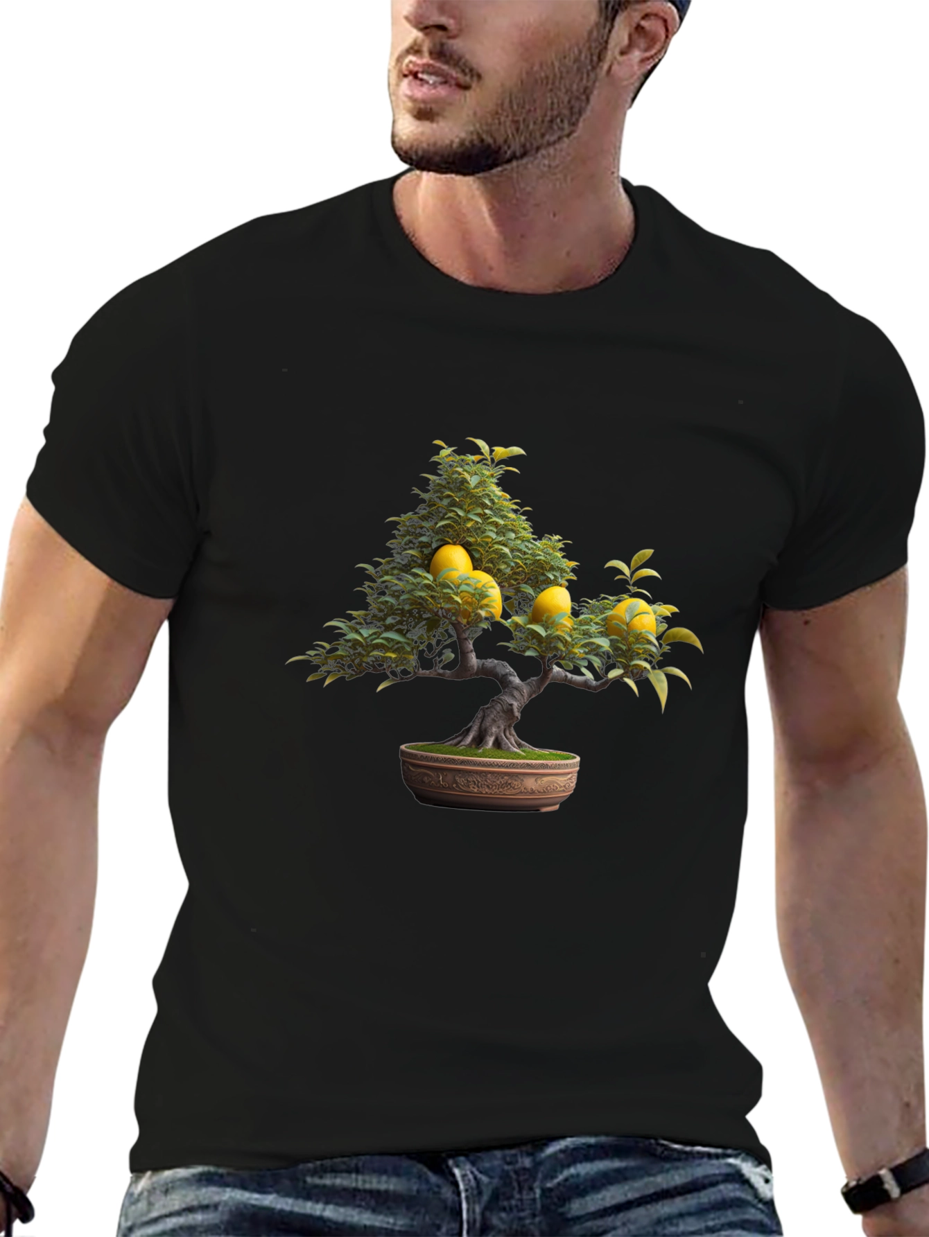 Lemon Bonsai Tree Graphic Tee - Black Casual T-Shirt