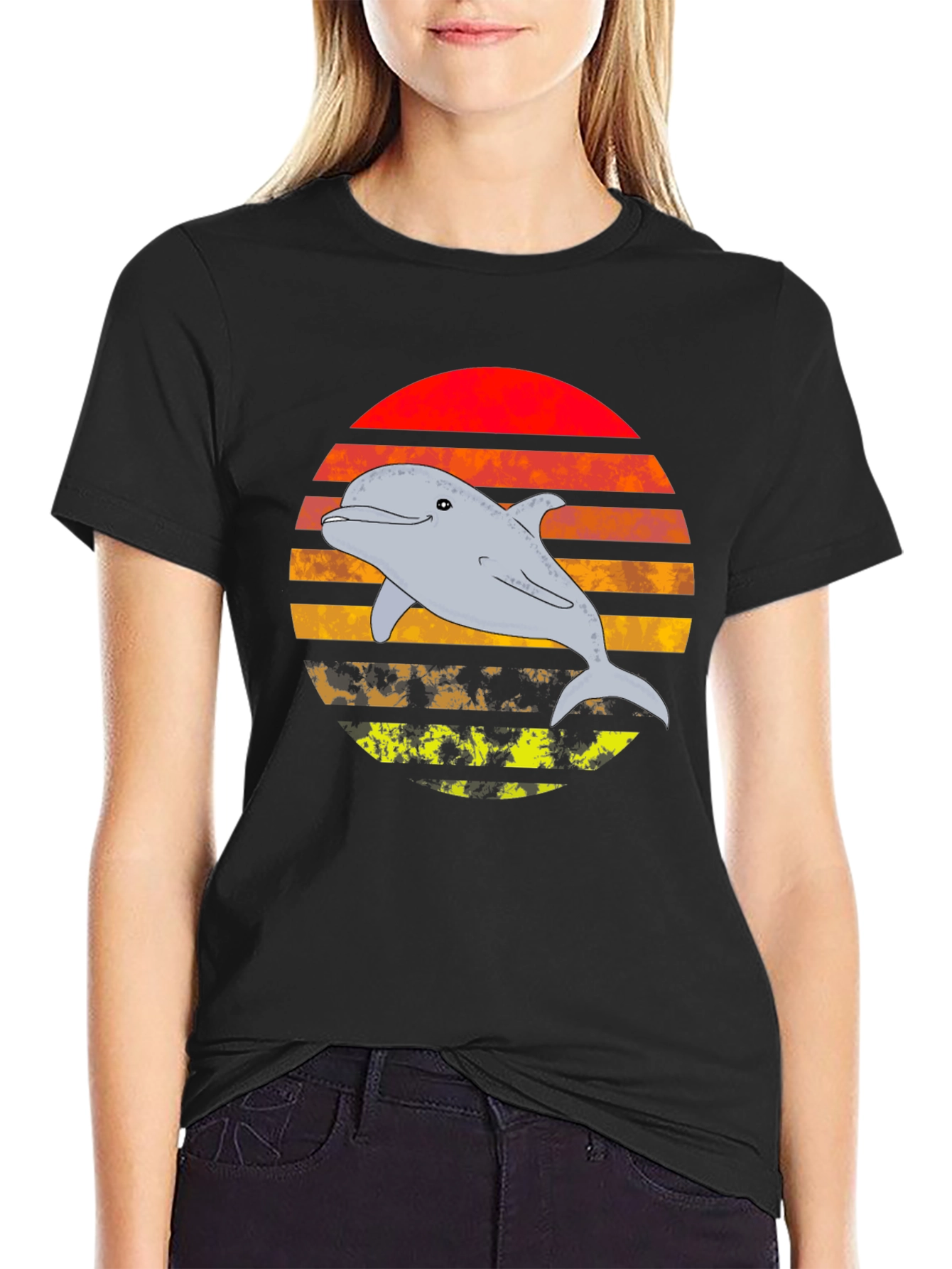 Retro Dolphin Sunset Graphic T-Shirt