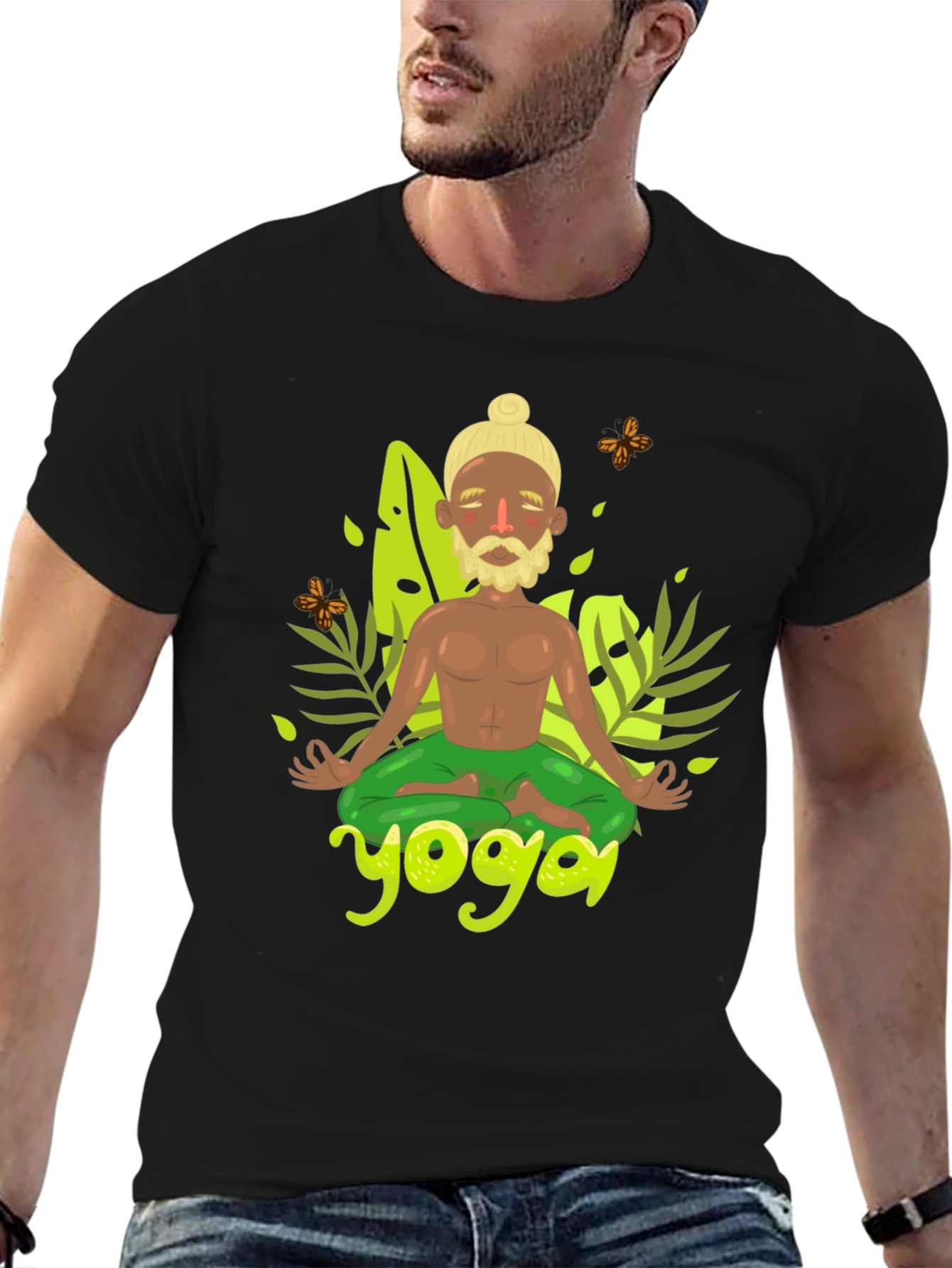 Yoga Cartoon Print Black Tee