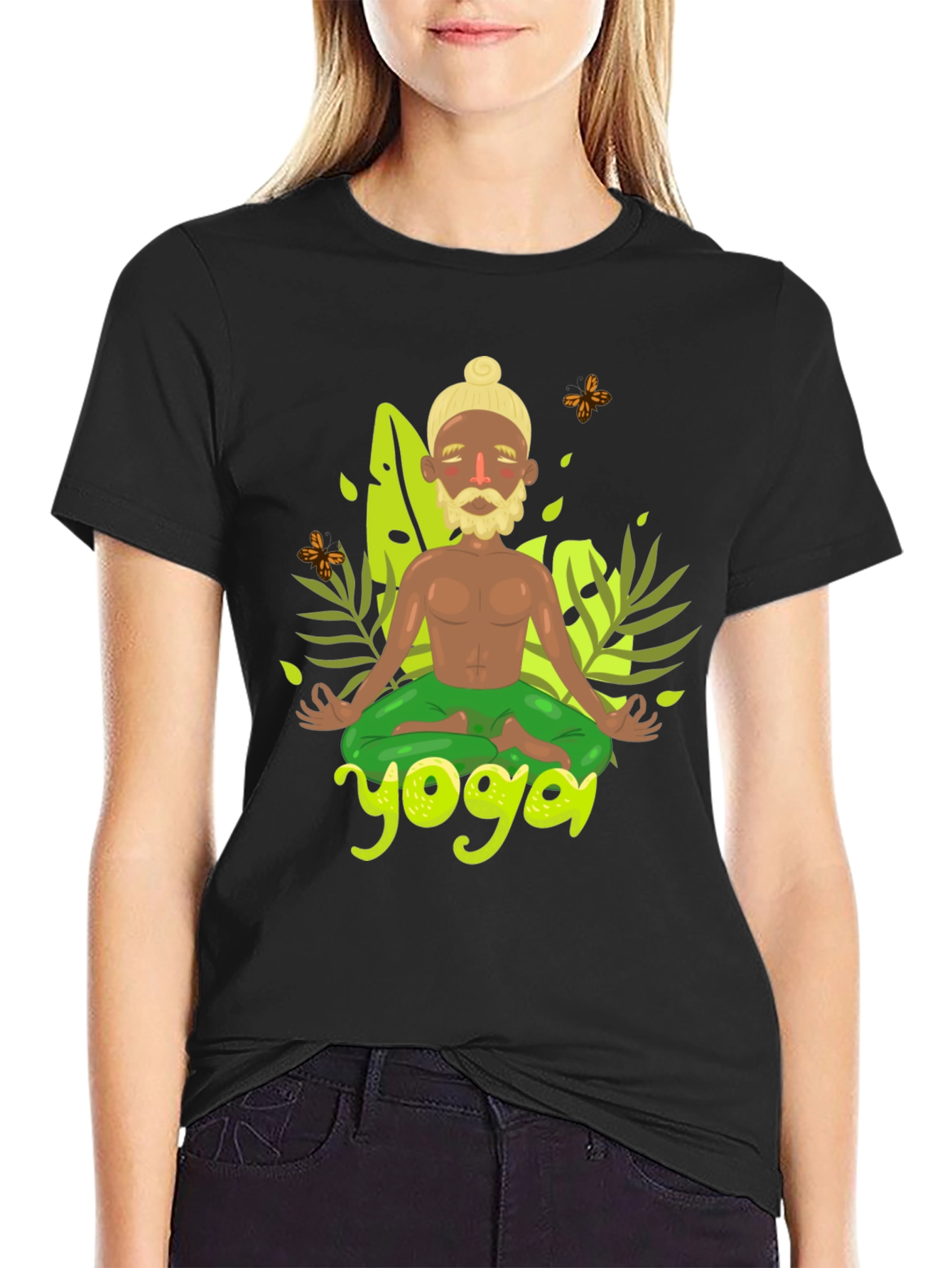 Yoga Cartoon Print Black Tee