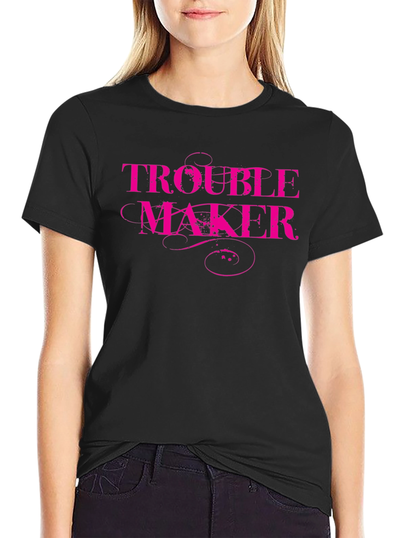Trouble Maker Pink Print Black T-Shirt