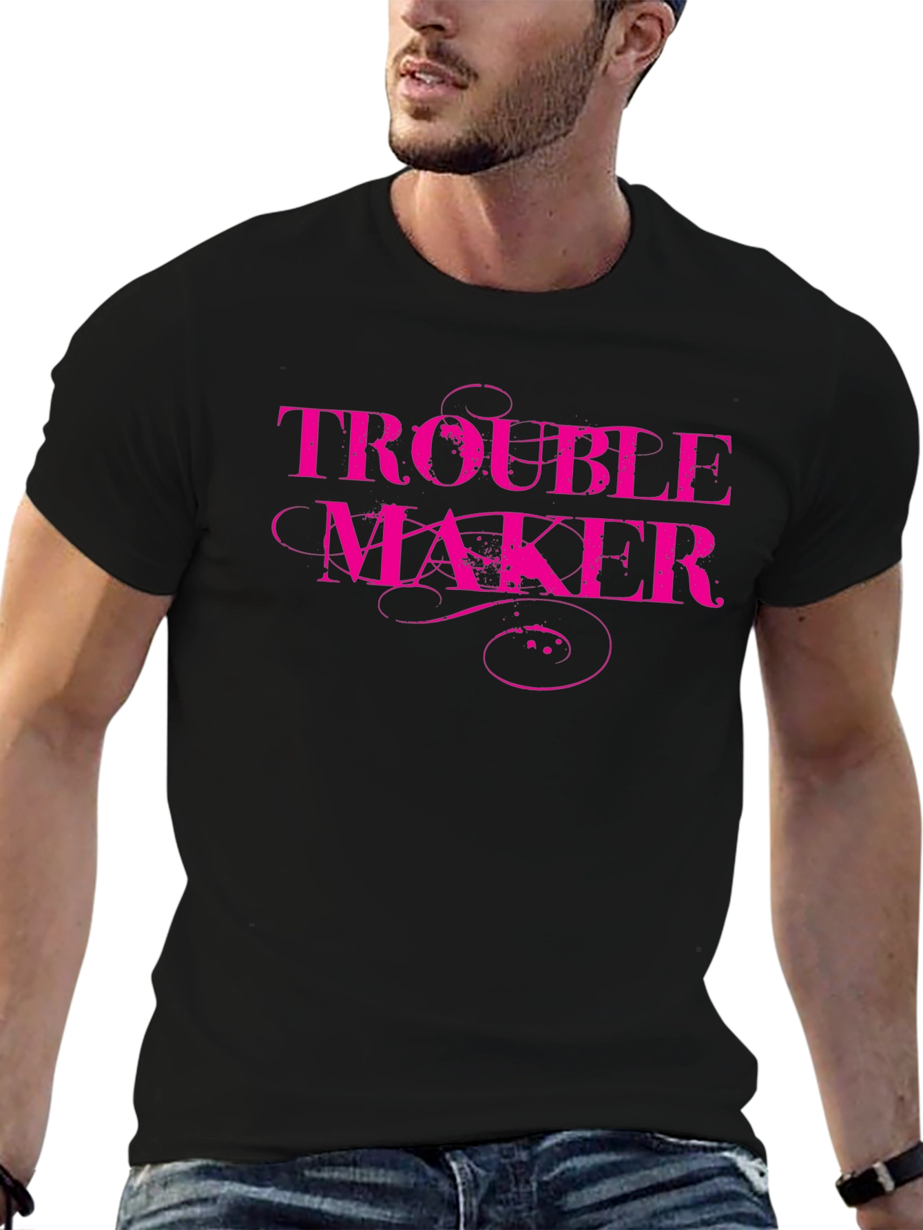 Trouble Maker Pink Print Black T-Shirt