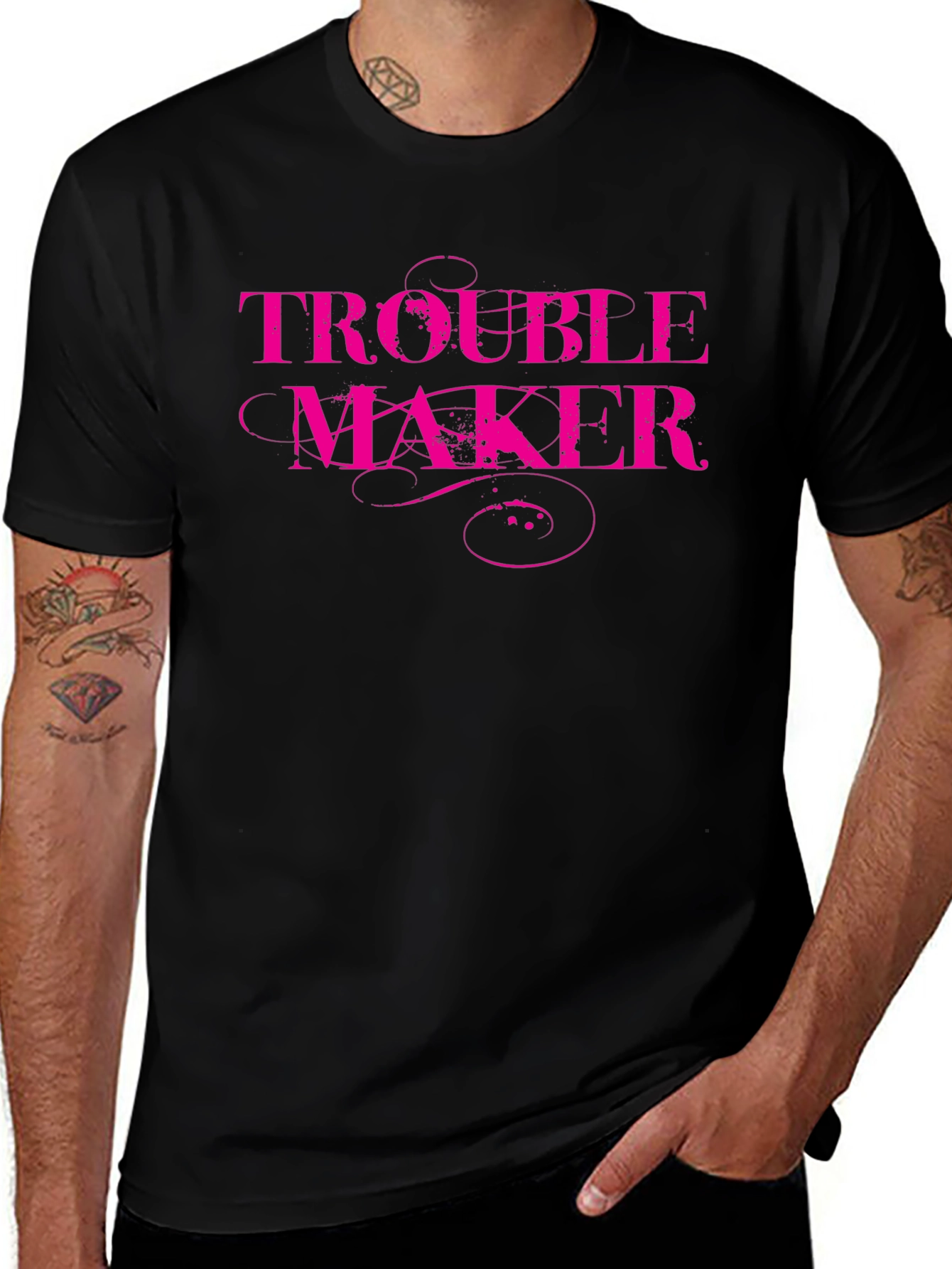 Trouble Maker Pink Print Black T-Shirt