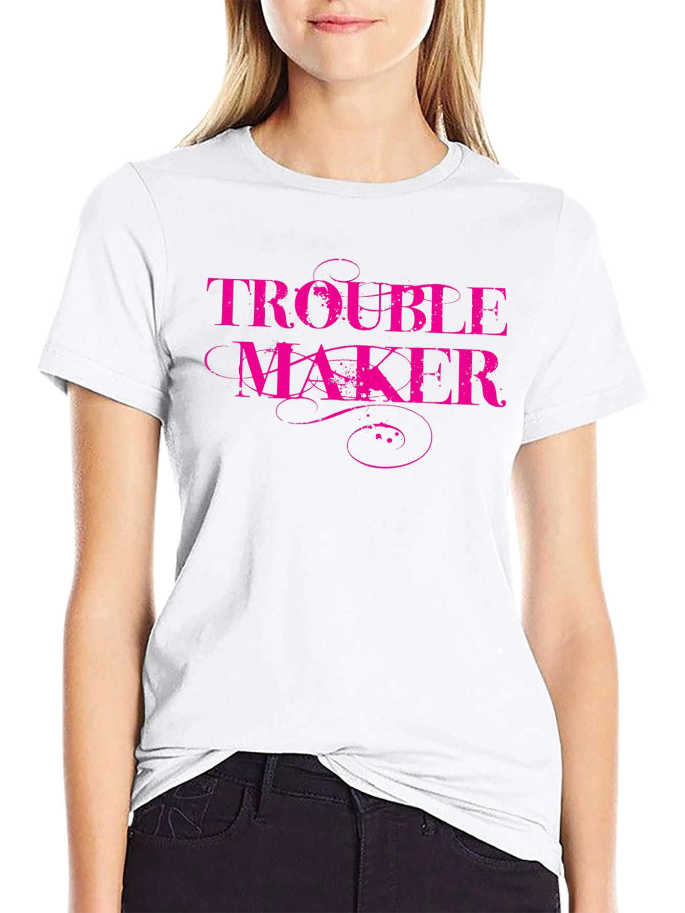 Trouble Maker Pink Print Black T-Shirt