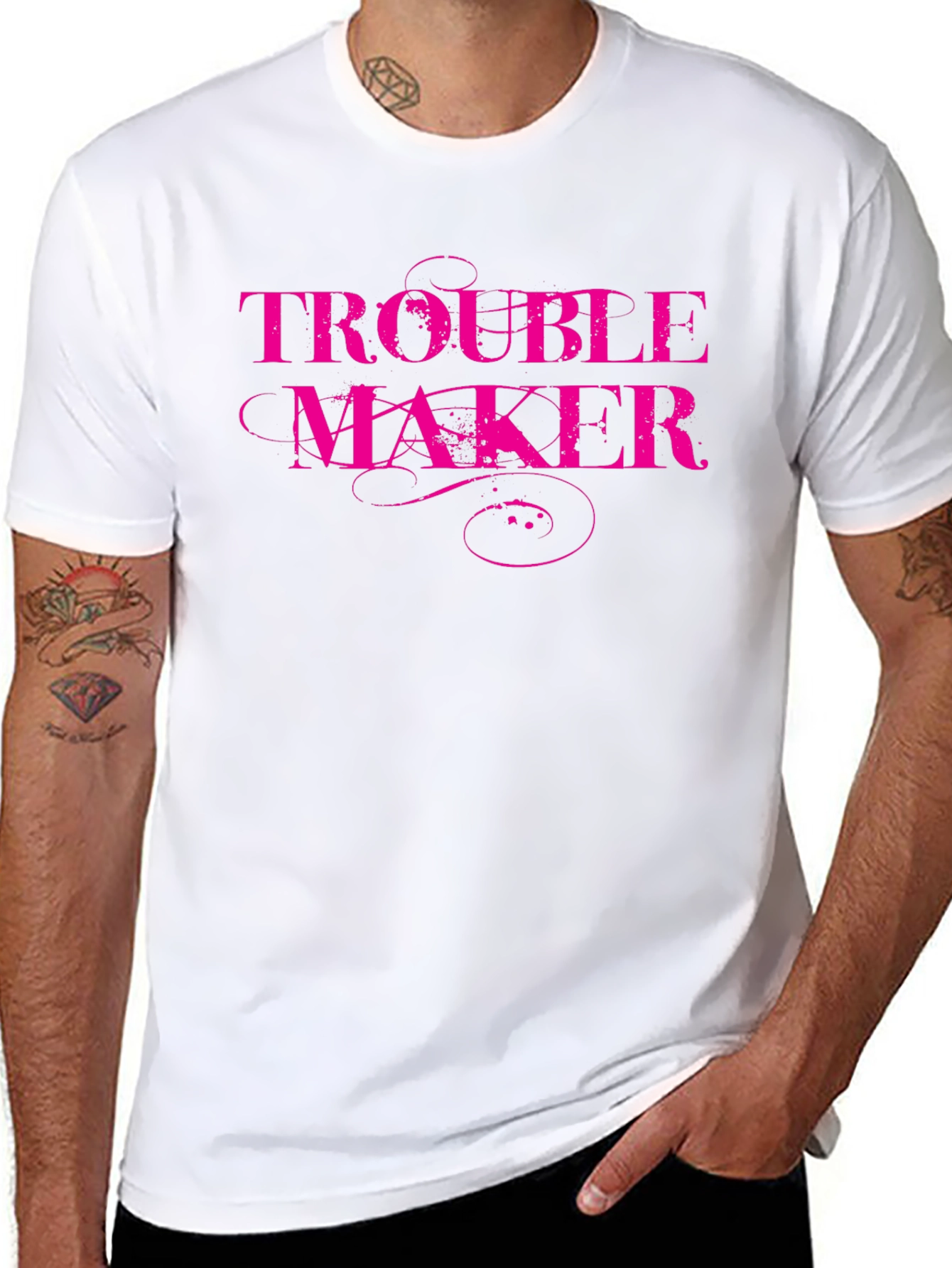 Trouble Maker Pink Print Black T-Shirt