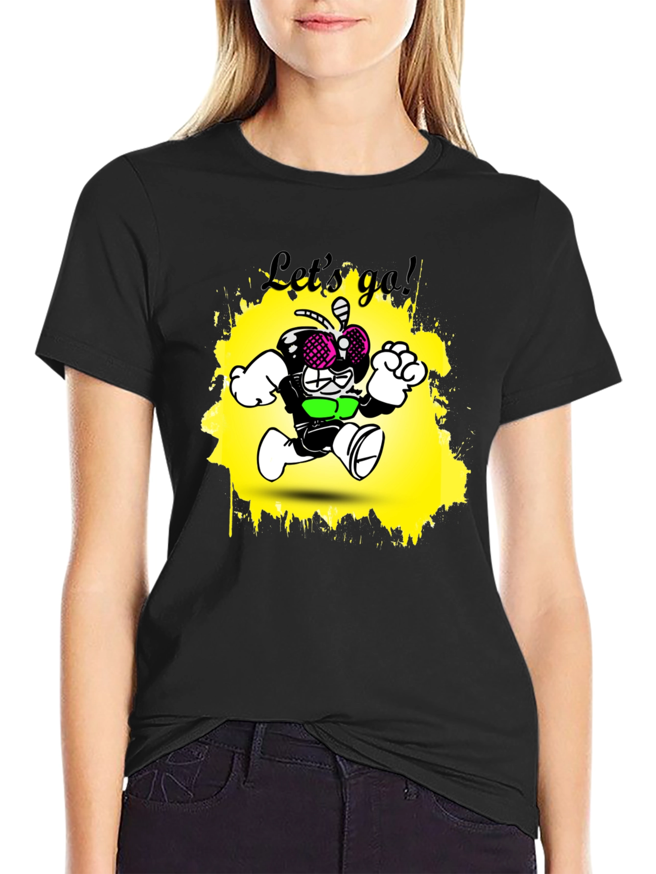 Cartoon Fly Graphic T-Shirt - Black Cotton Tee