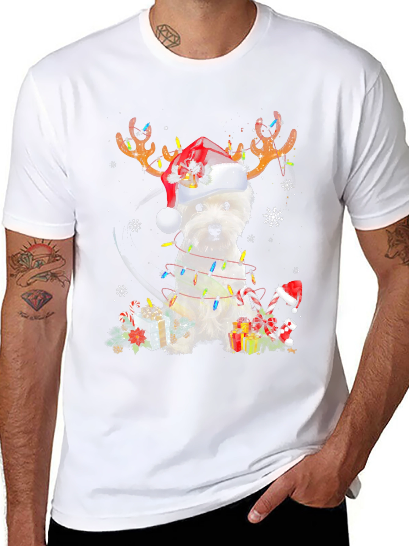 Dog Christmas T-Shirt - Reindeer Antlers Santa Hat