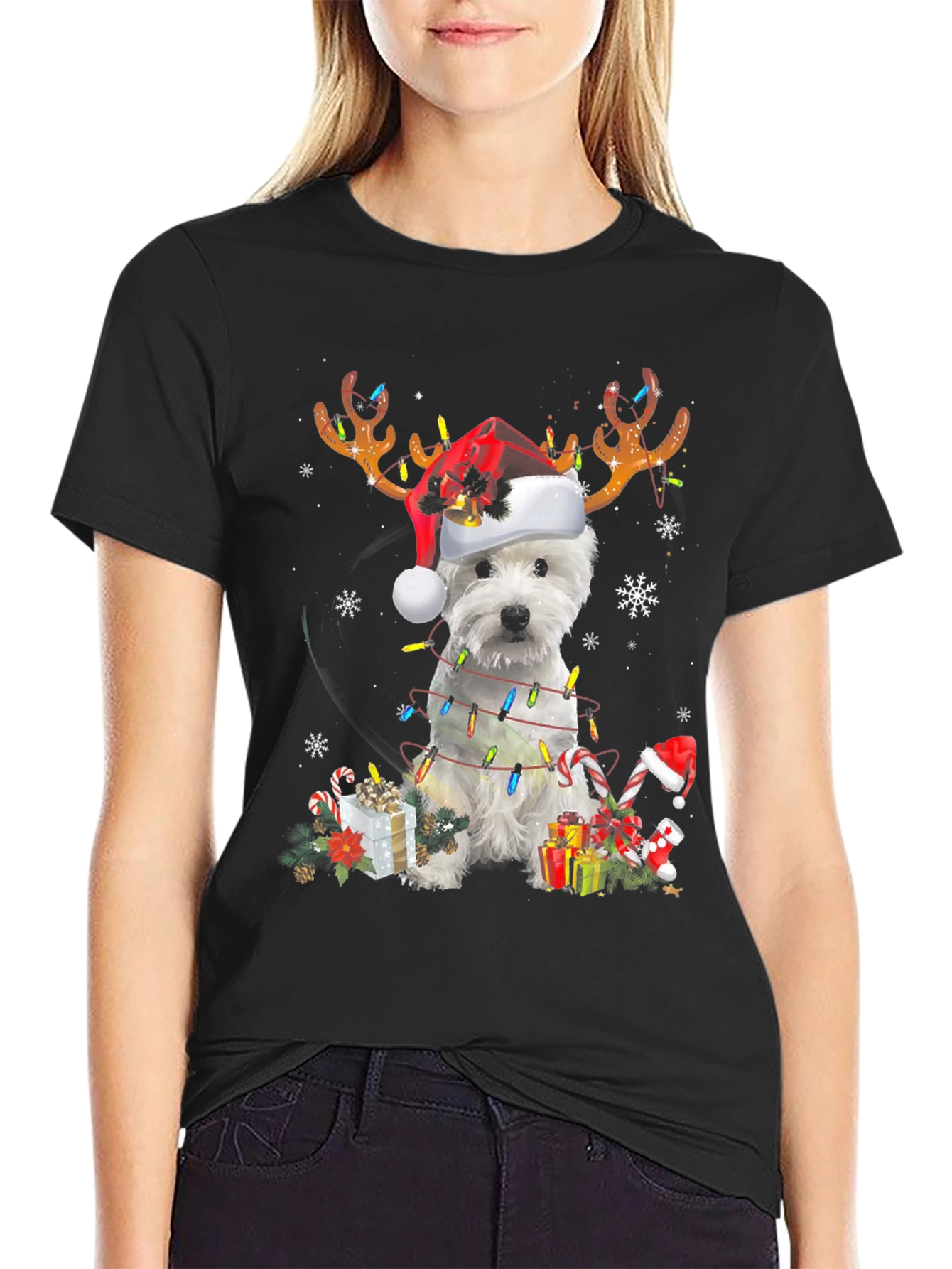 Dog Christmas T-Shirt - Reindeer Antlers Santa Hat