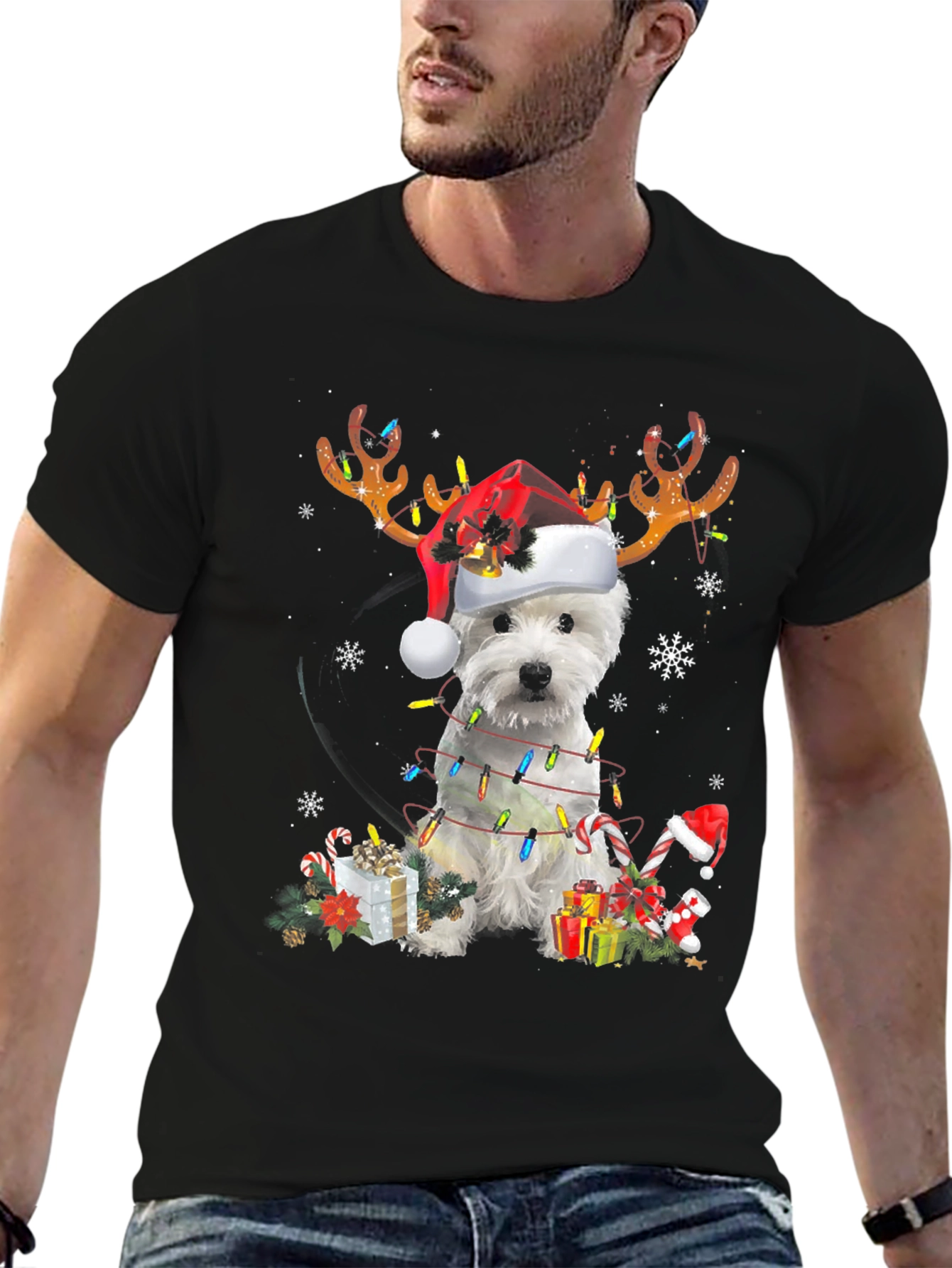 Dog Christmas T-Shirt - Reindeer Antlers Santa Hat