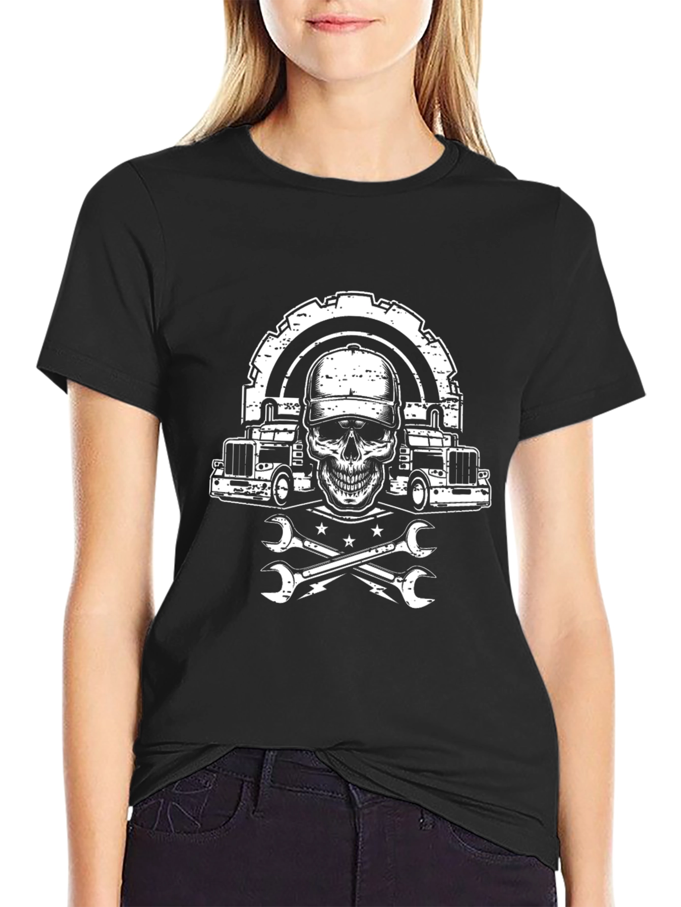 Trucker Skull Graphic Tee - Mechanic Style