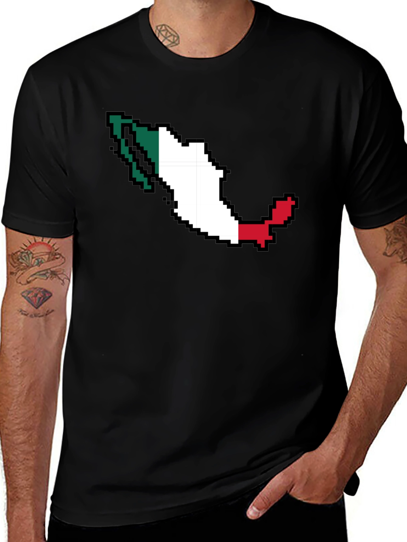Mexico Pixel Flag T-Shirt - Black Crew Neck Tee