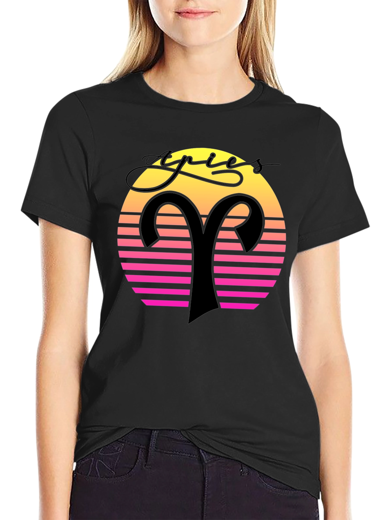 Aries Zodiac Black T-Shirt Retro Sunset Design