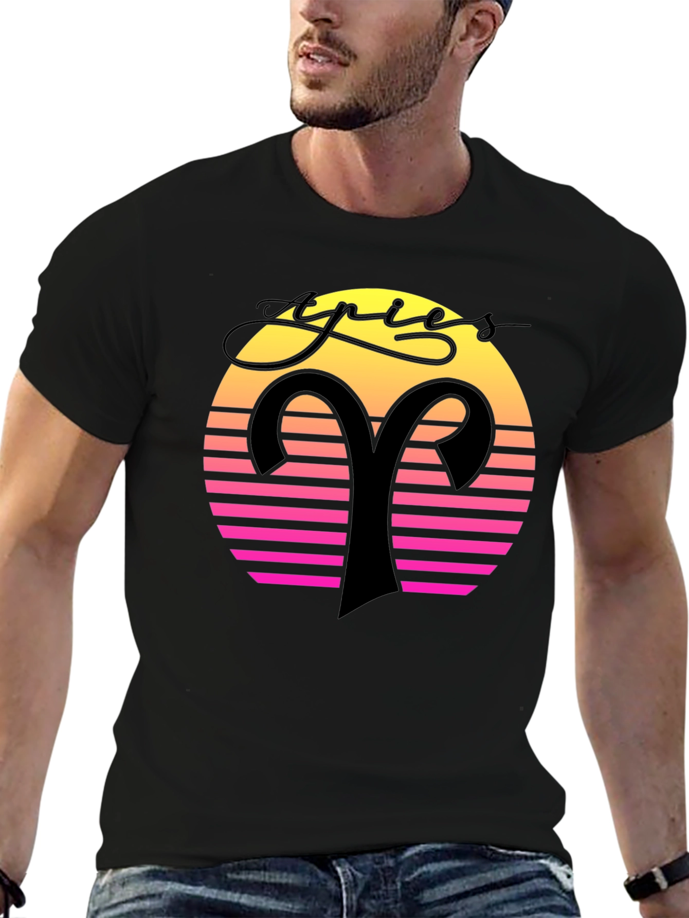 Aries Zodiac Black T-Shirt Retro Sunset Design