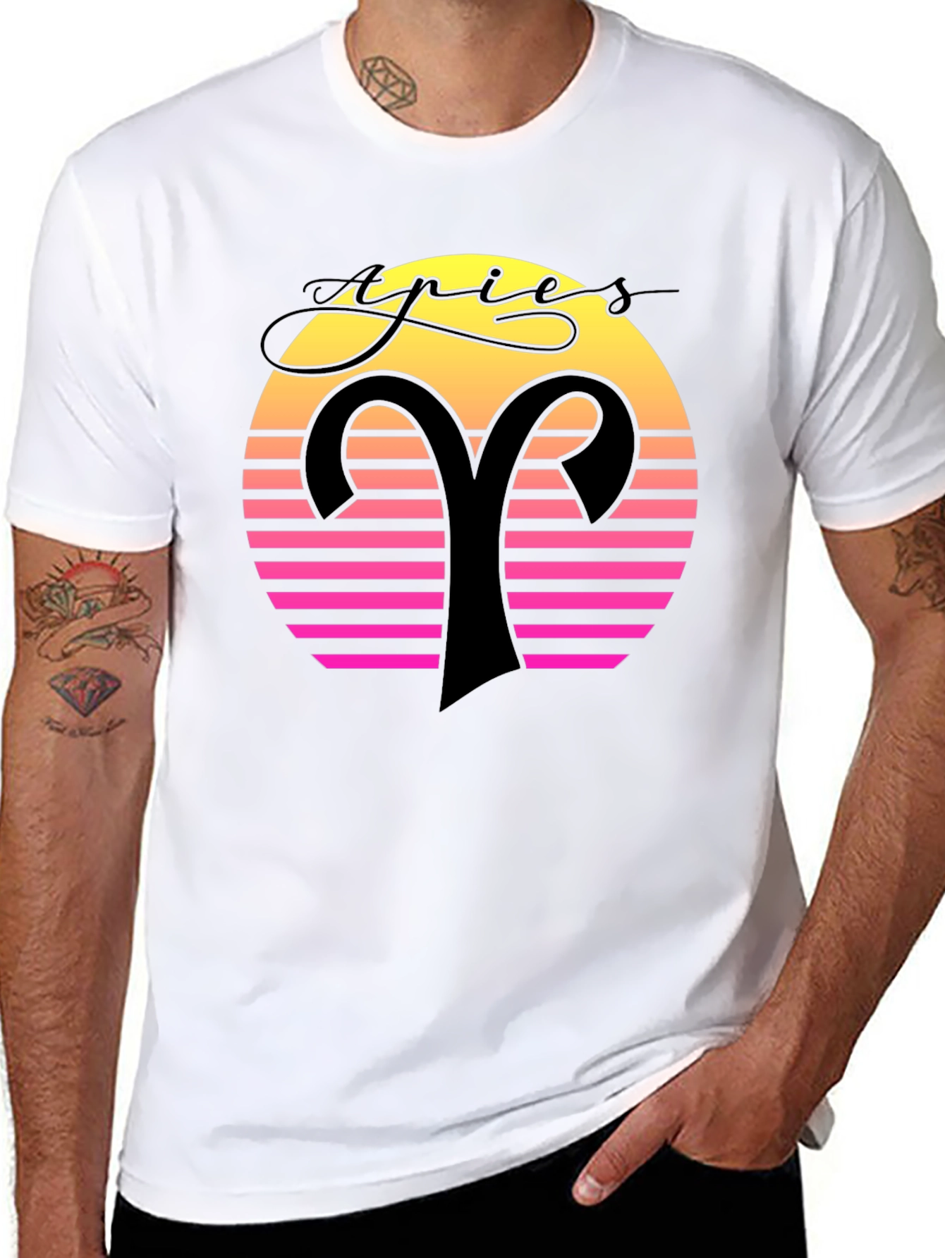 Aries Zodiac Black T-Shirt Retro Sunset Design