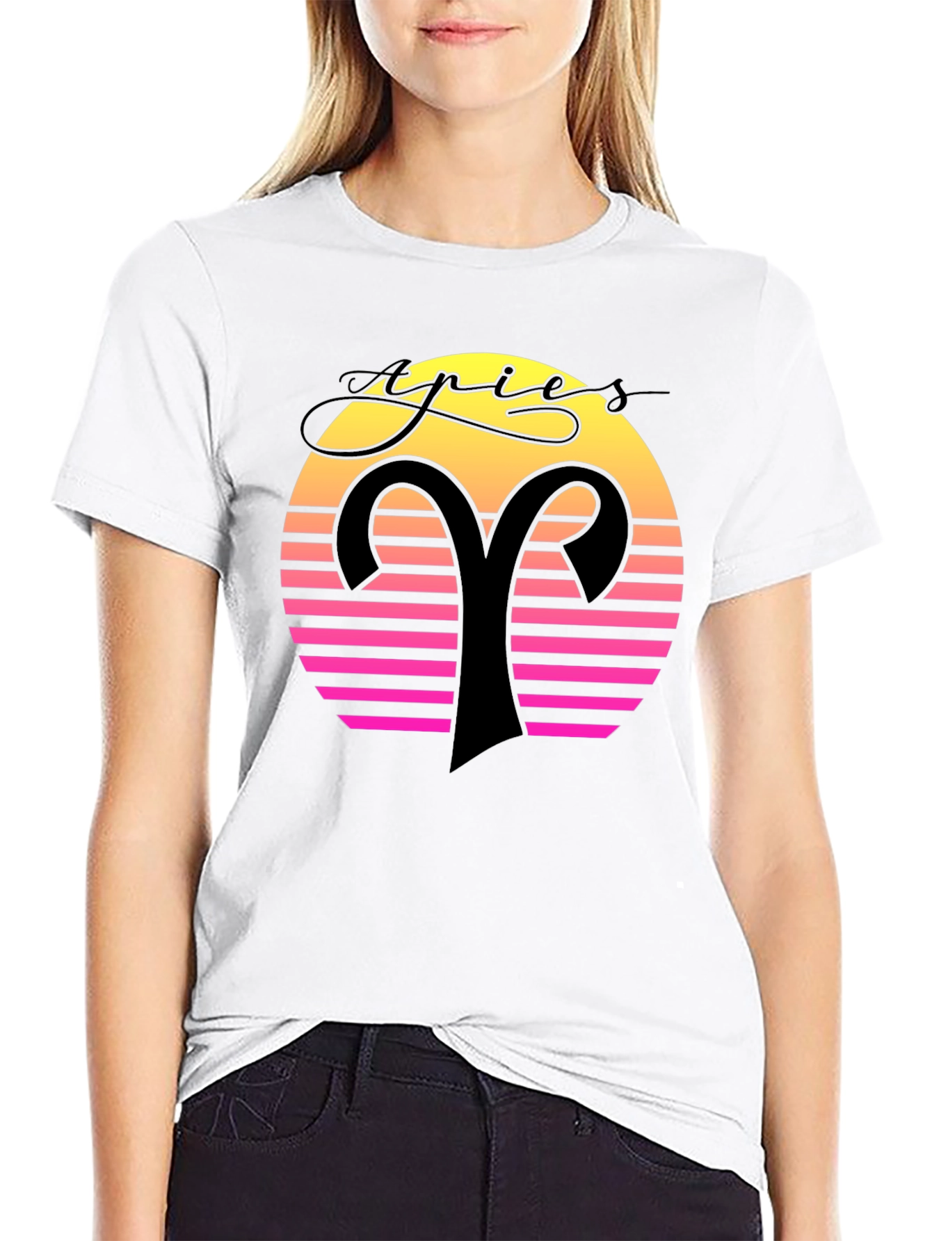 Aries Zodiac Black T-Shirt Retro Sunset Design