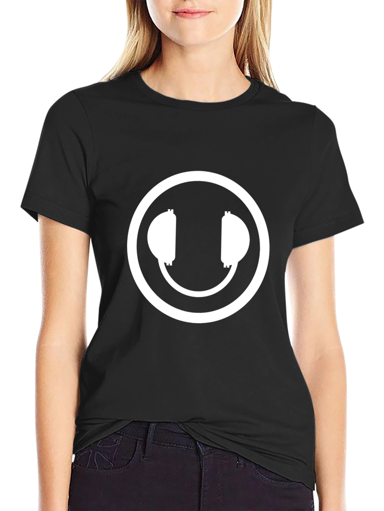 Headphone Smiley Face Black T-Shirt