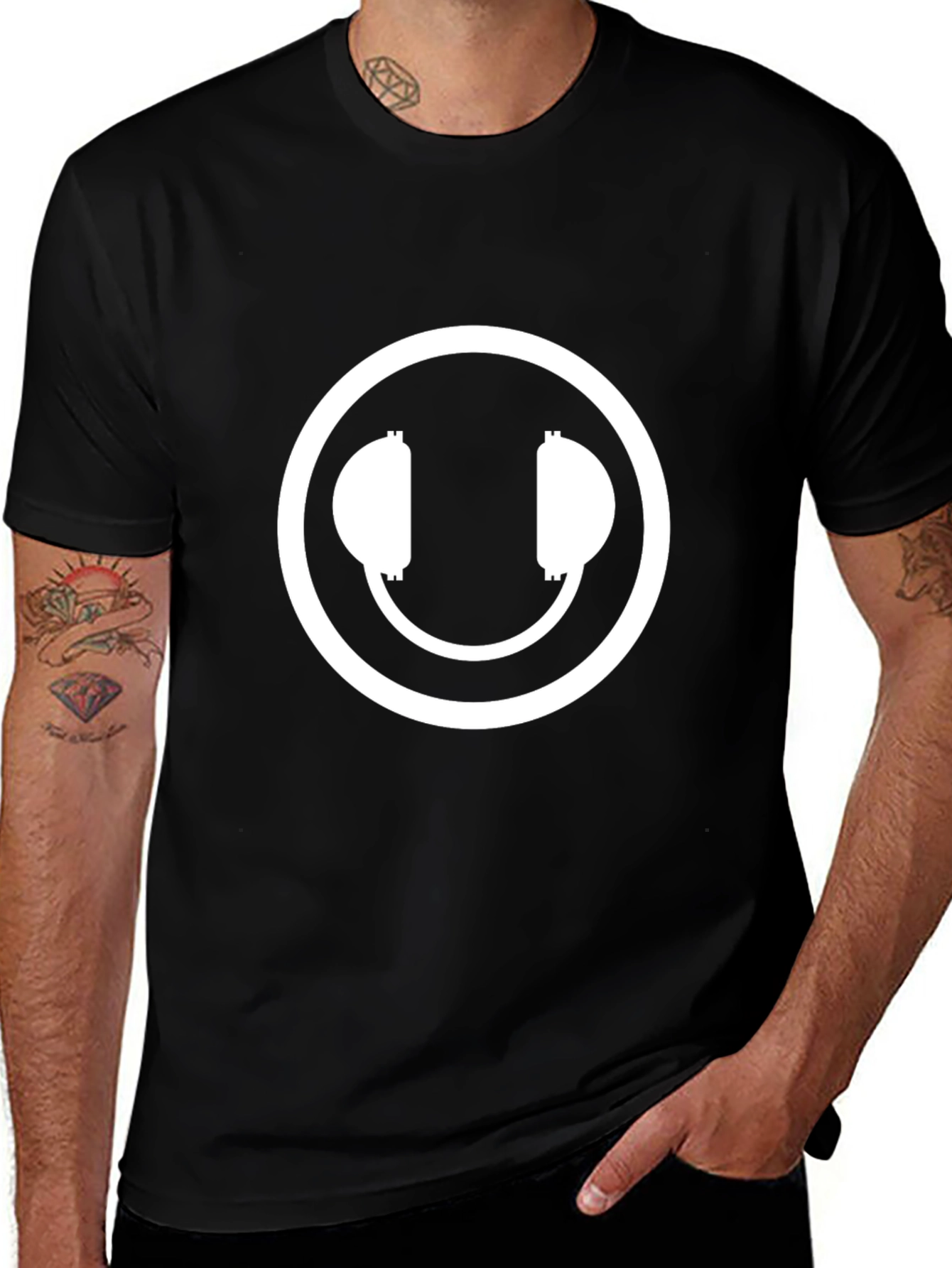 Headphone Smiley Face Black T-Shirt