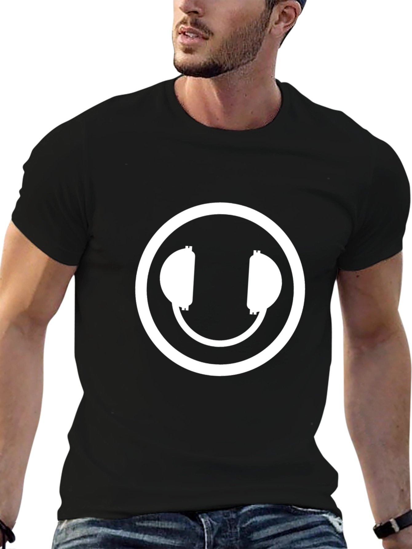 Headphone Smiley Face Black T-Shirt