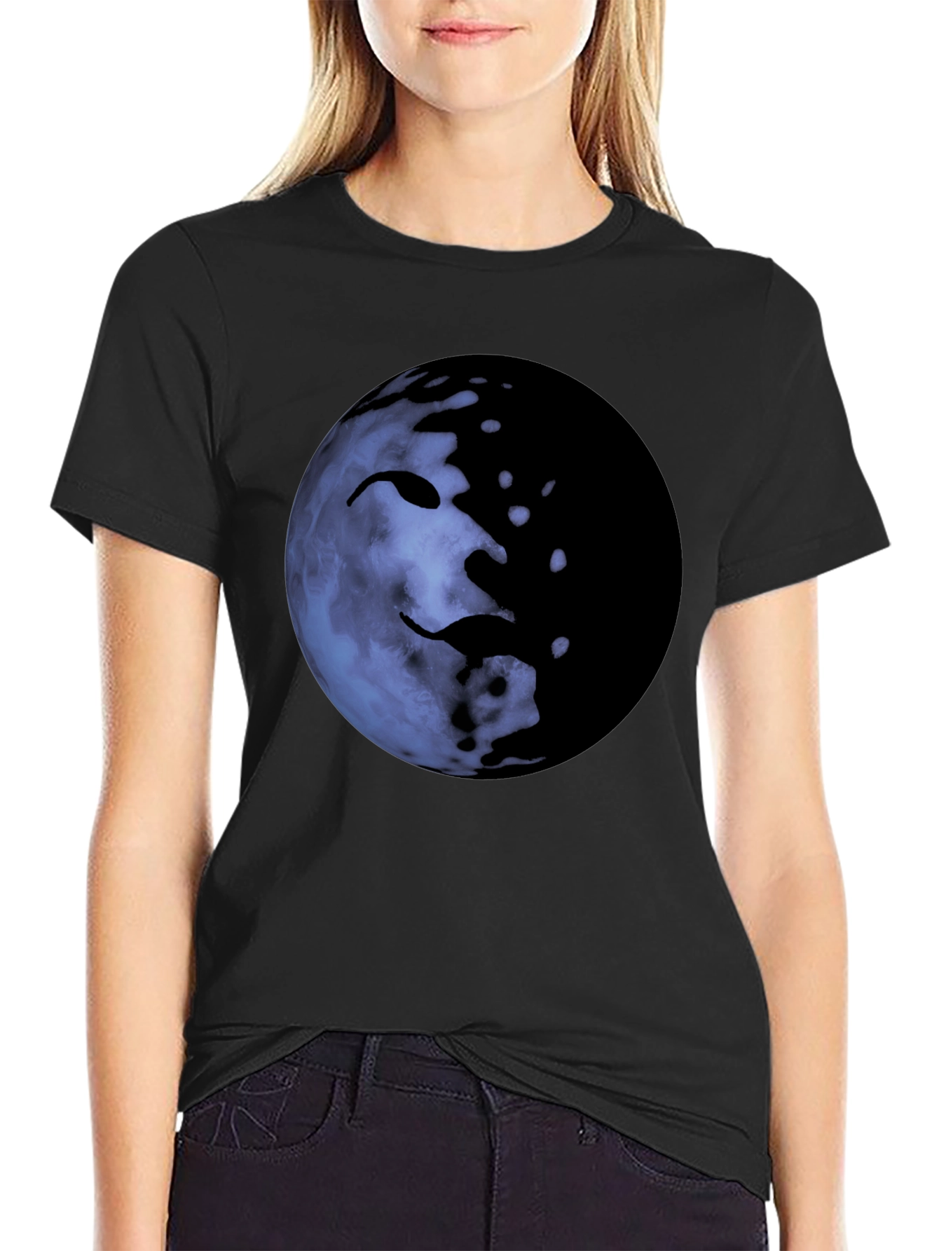 Unique Moon Face Graphic Black T-Shirt