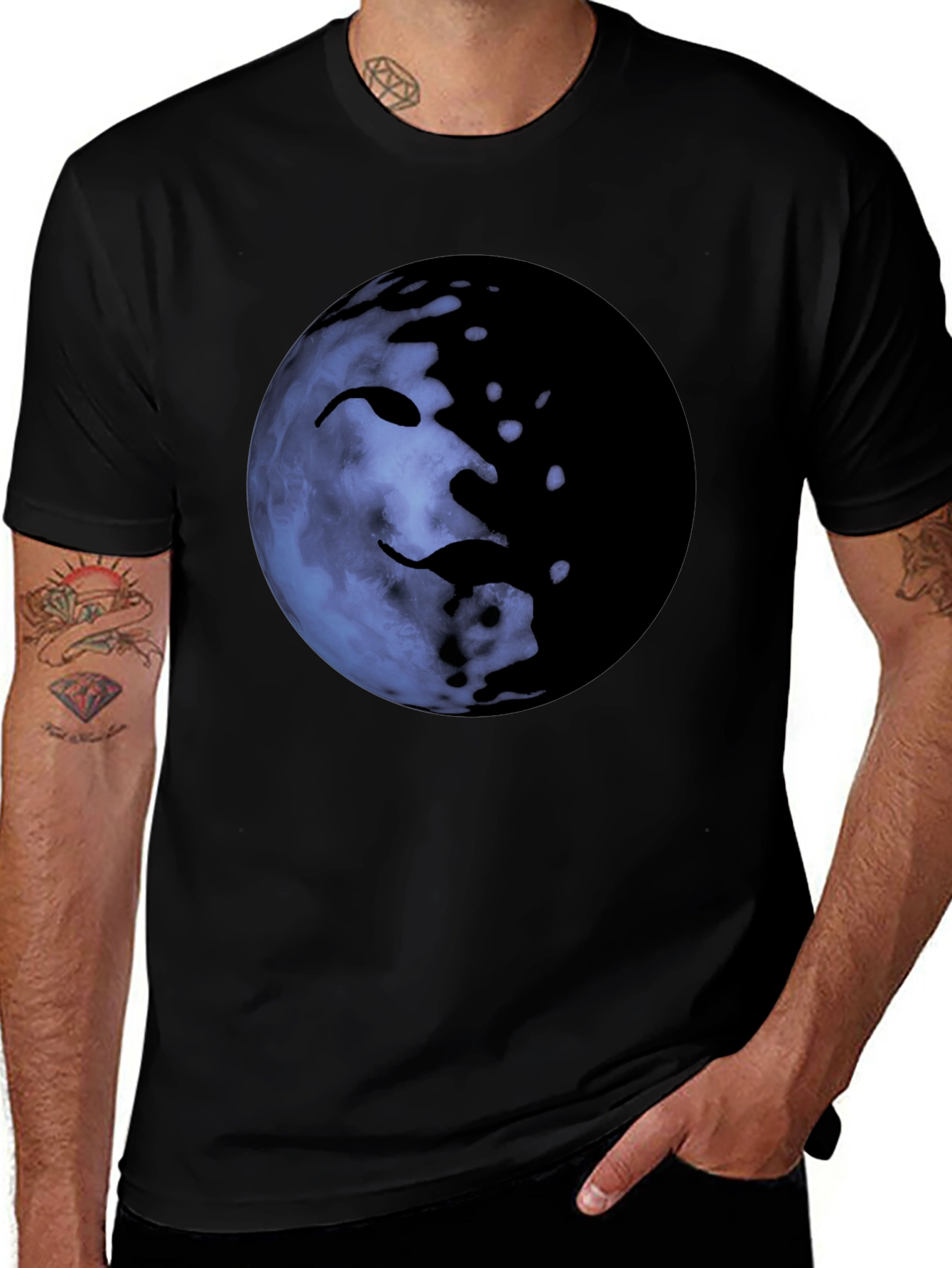 Unique Moon Face Graphic Black T-Shirt
