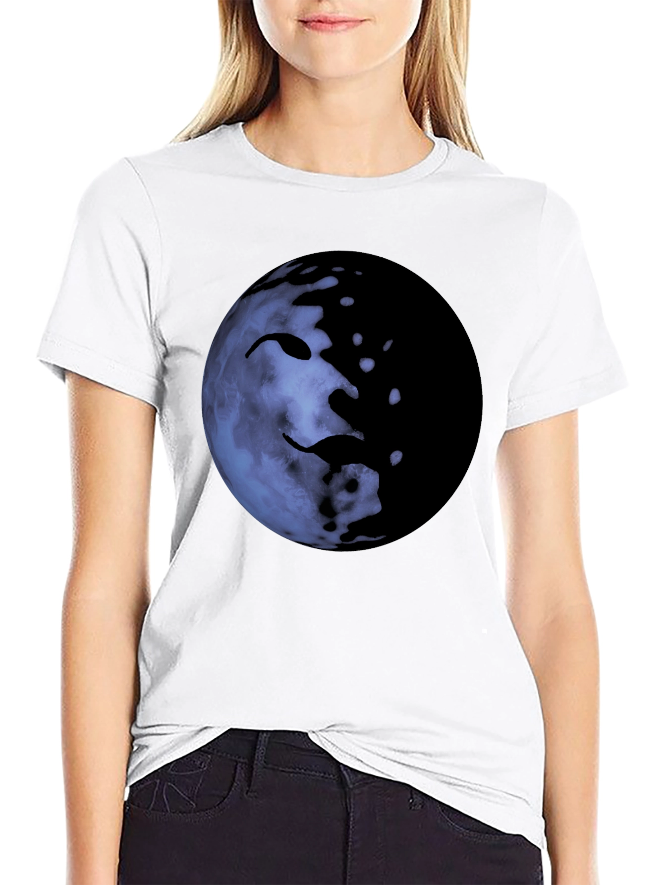 Unique Moon Face Graphic Black T-Shirt