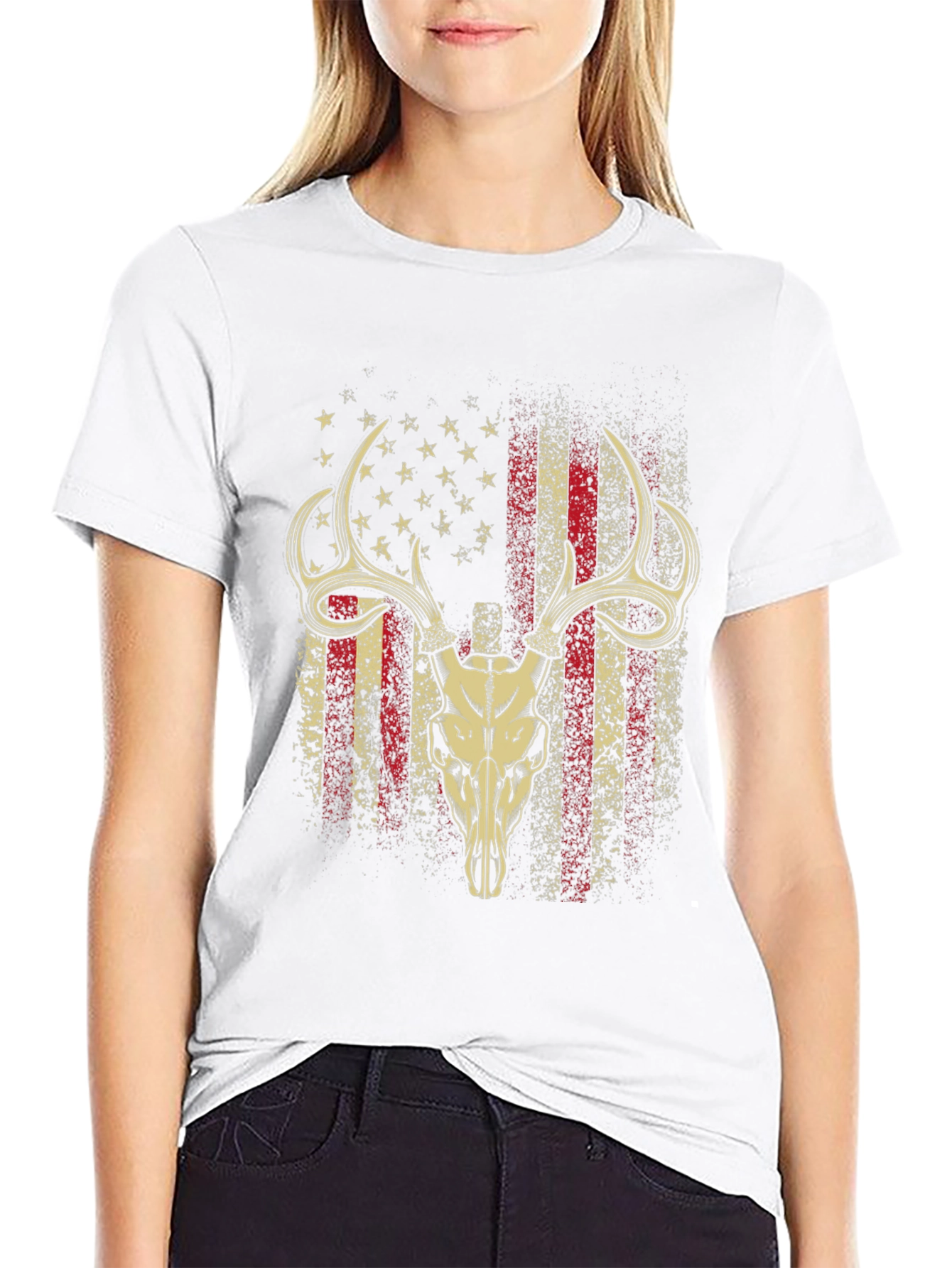 American Flag Deer Skull Graphic T-Shirt
