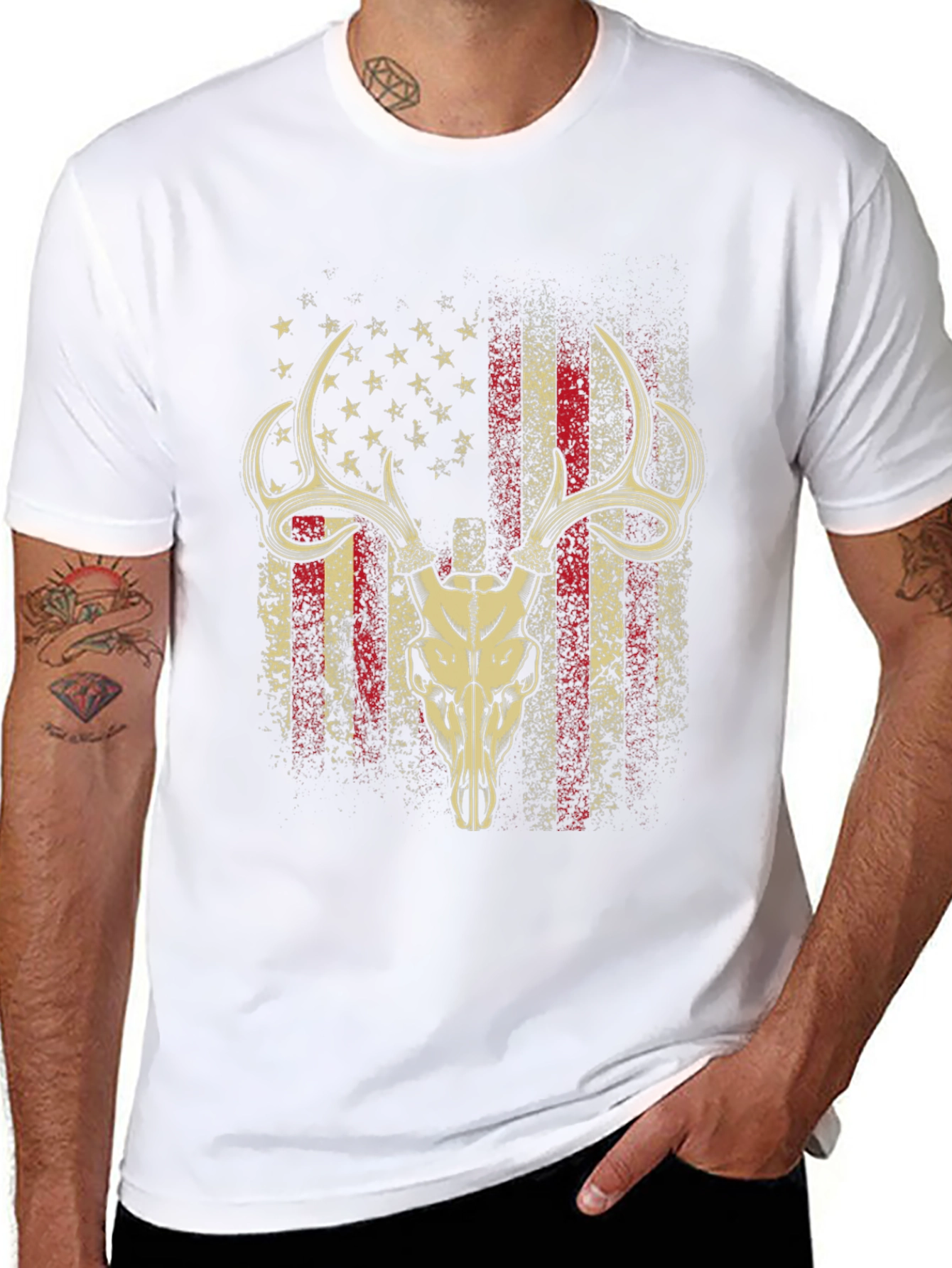 American Flag Deer Skull Graphic T-Shirt