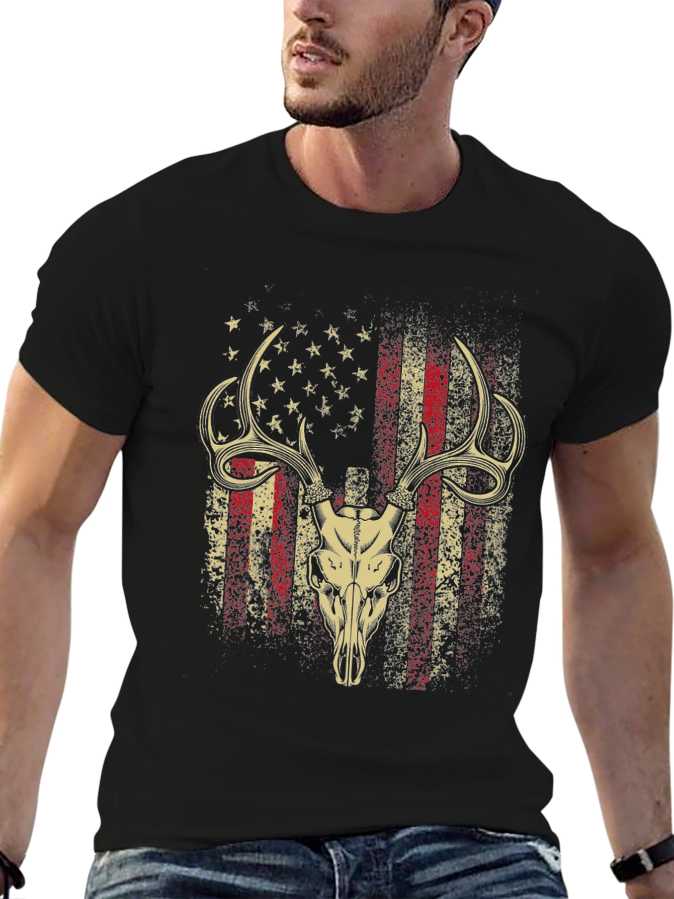 American Flag Deer Skull Graphic T-Shirt