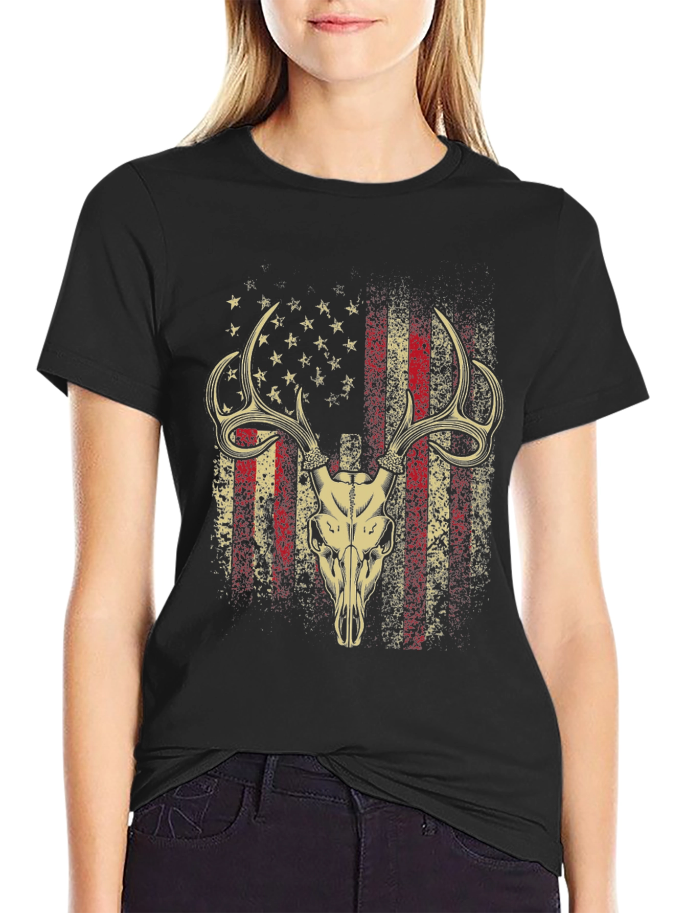 American Flag Deer Skull Graphic T-Shirt