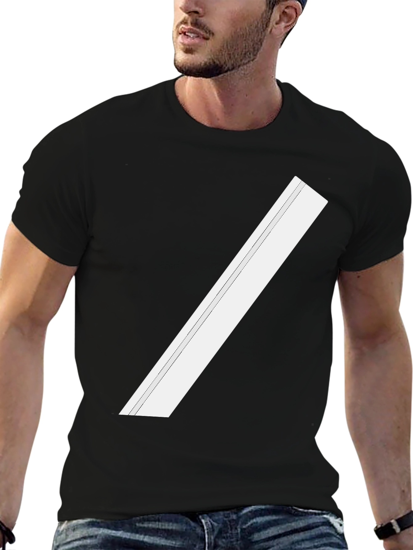 Modern Black Tee with Diagonal White Stripe