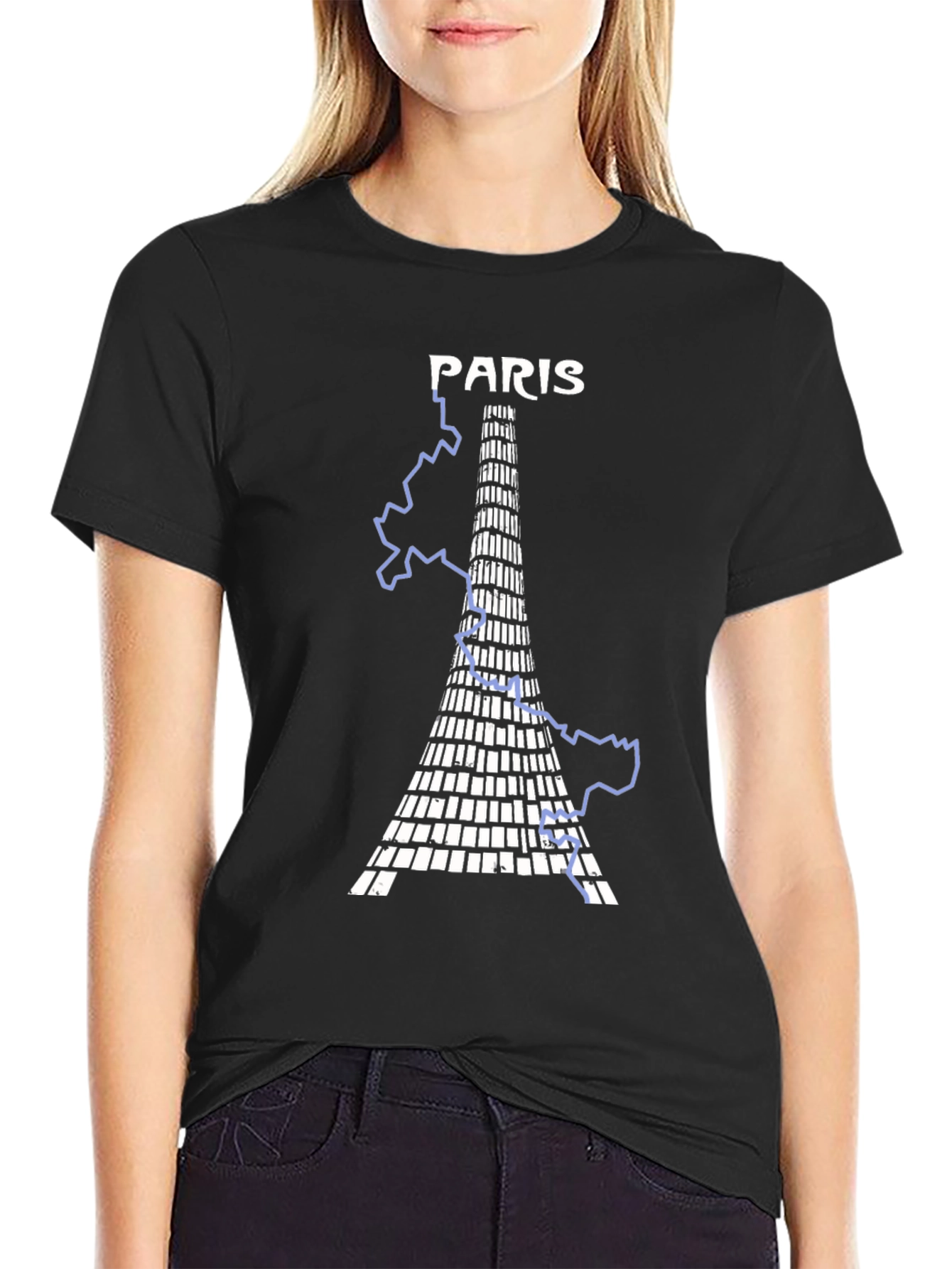 Paris Eiffel Tower Graphic Tee - Black Cotton Blend
