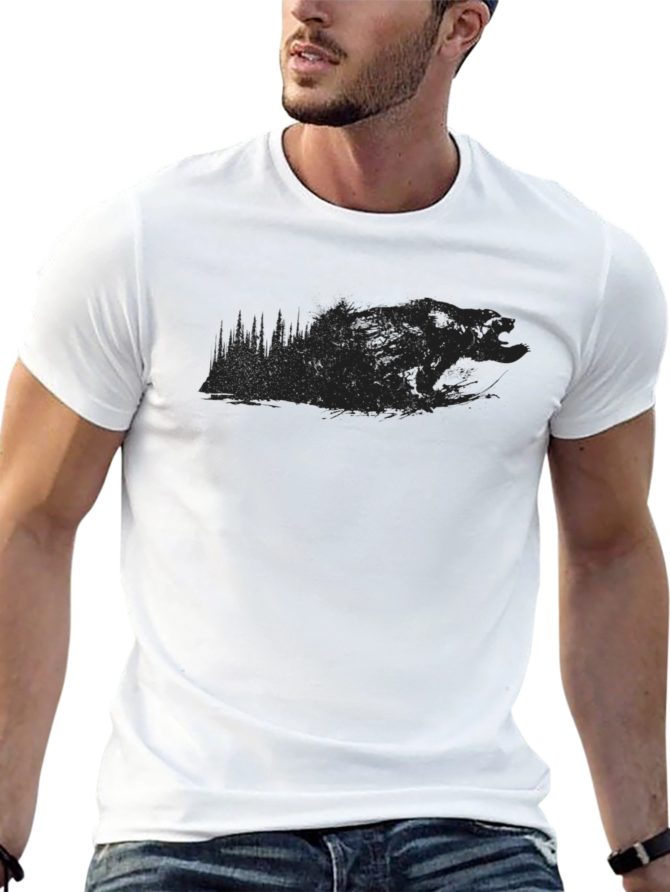 Mens Black Graphic T-Shirt - Bear Silhouette Design