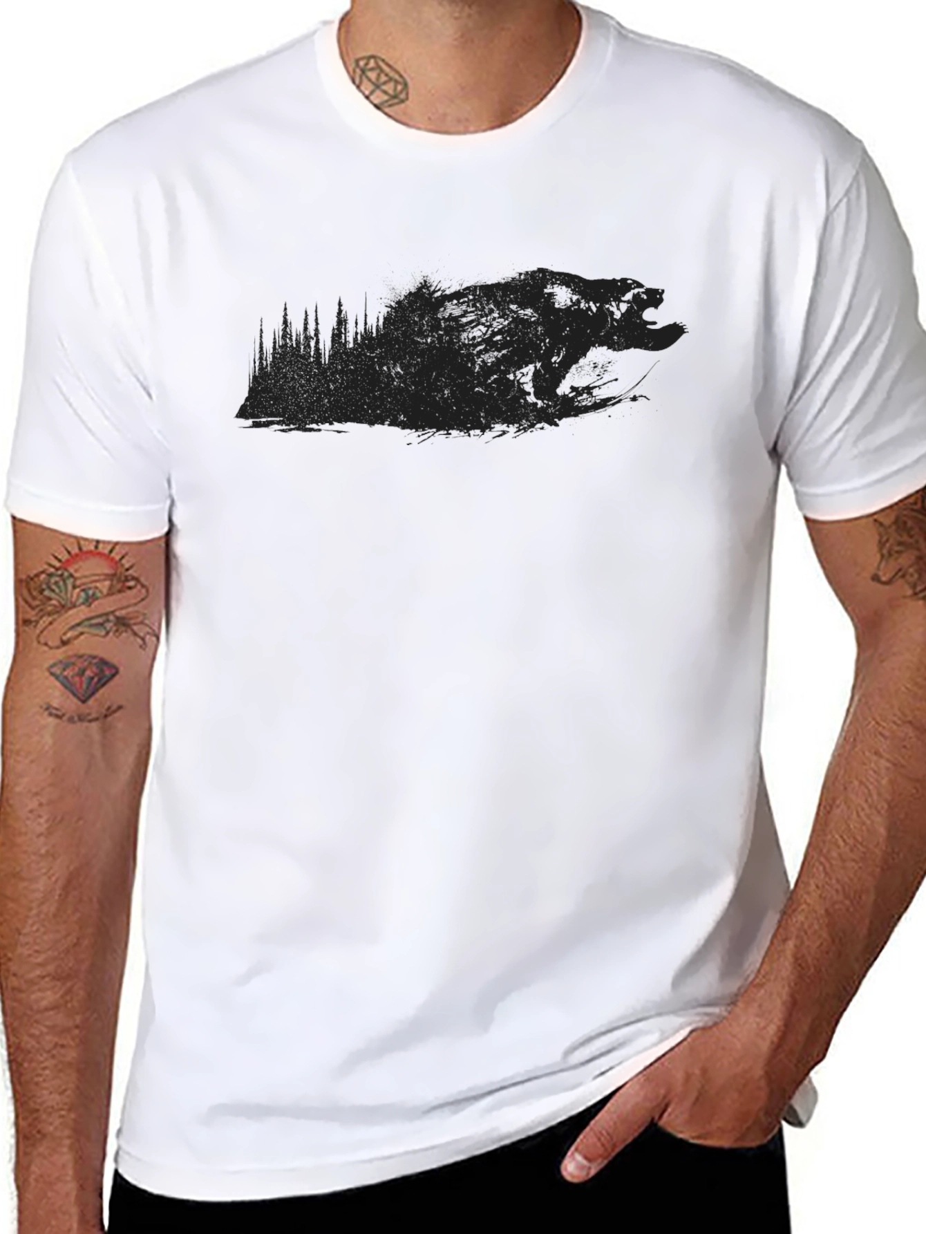 Mens Black Graphic T-Shirt - Bear Silhouette Design