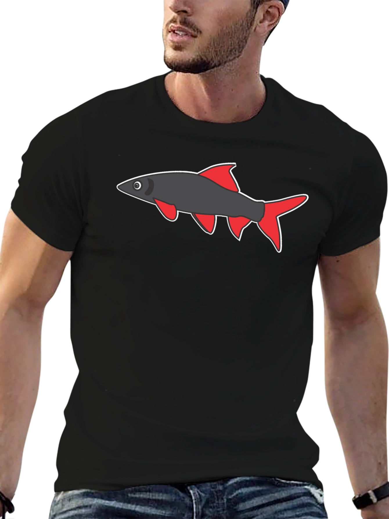 Black Tee with Cartoon Fish