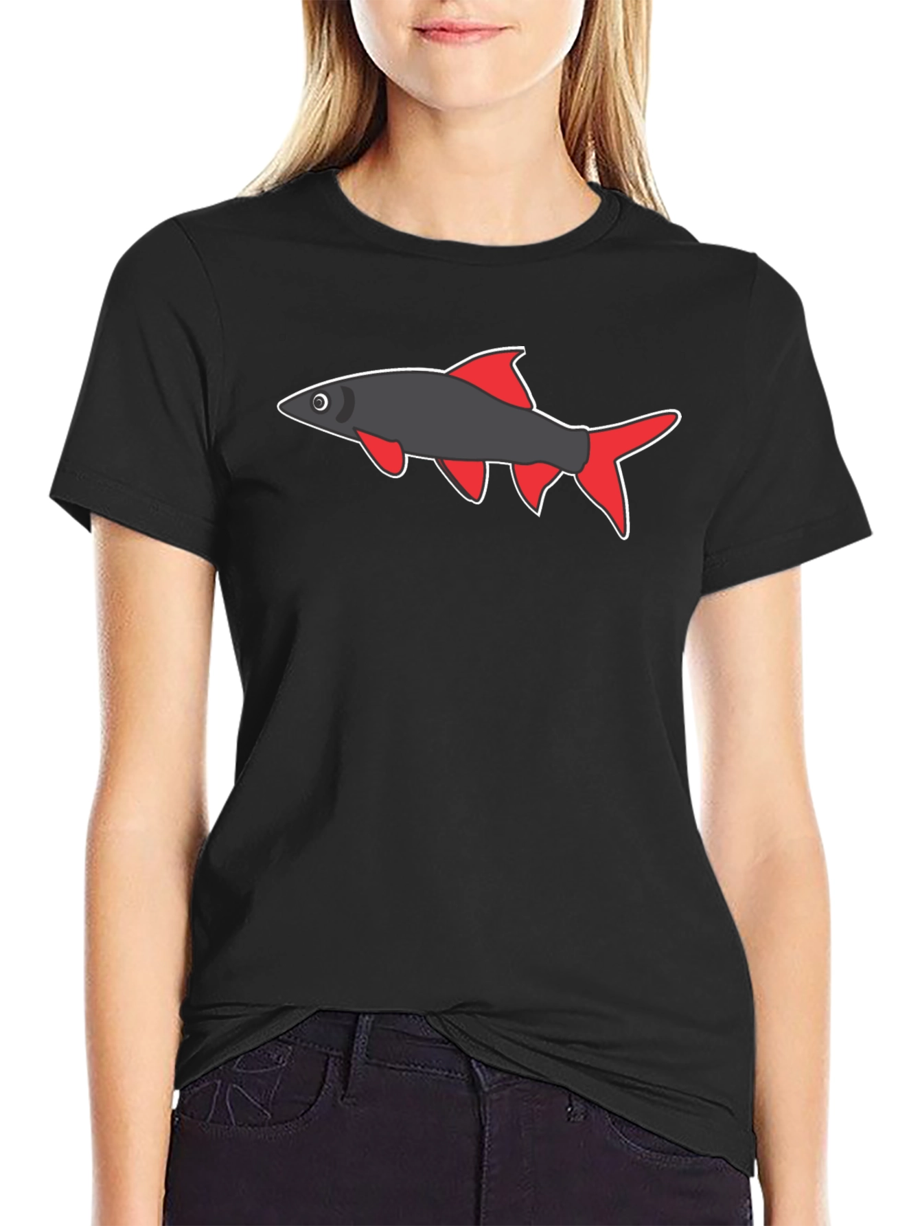 Black Tee with Cartoon Fish