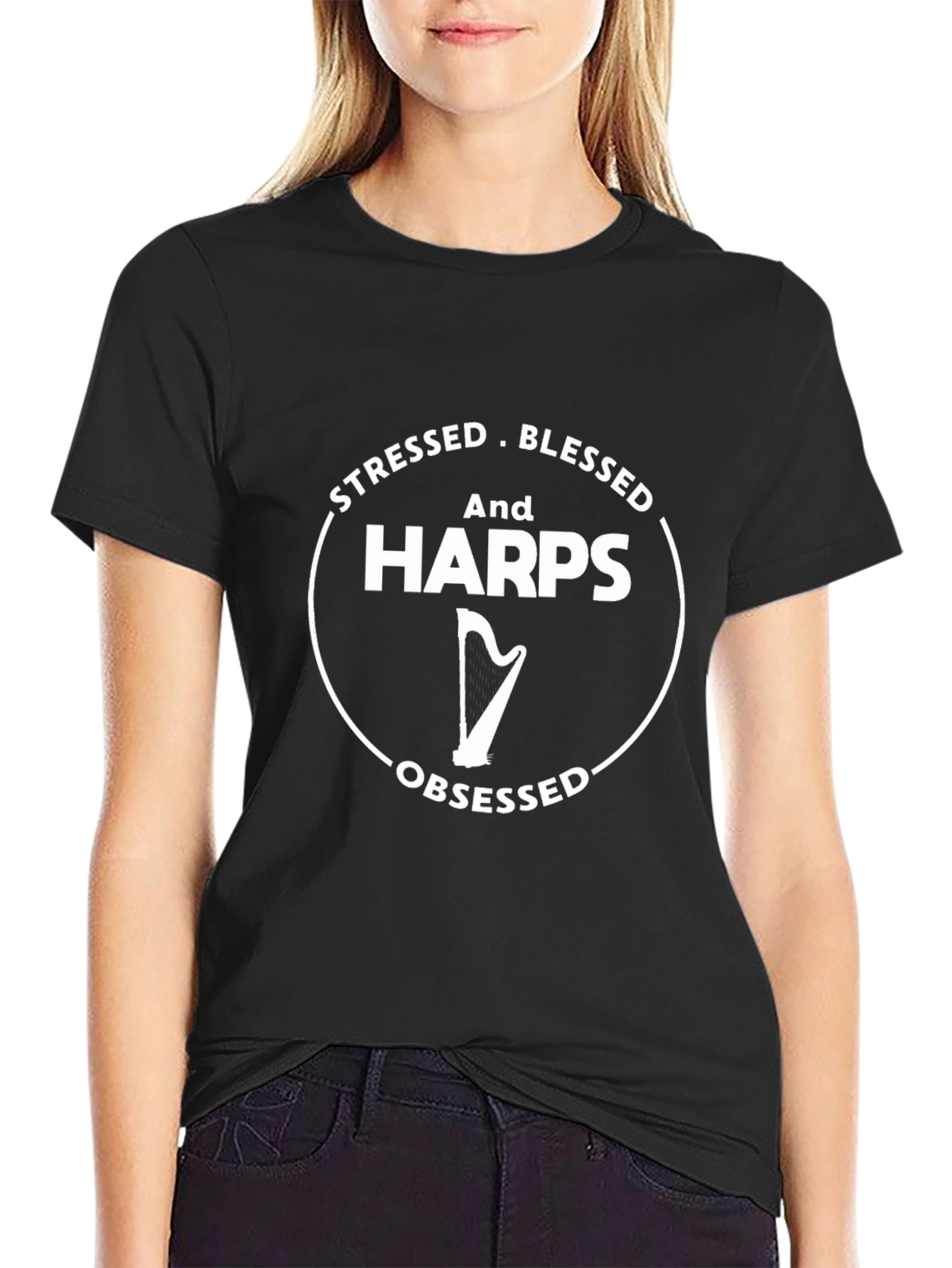 Stressed Blessed Harps Obsessed Black T-Shirt