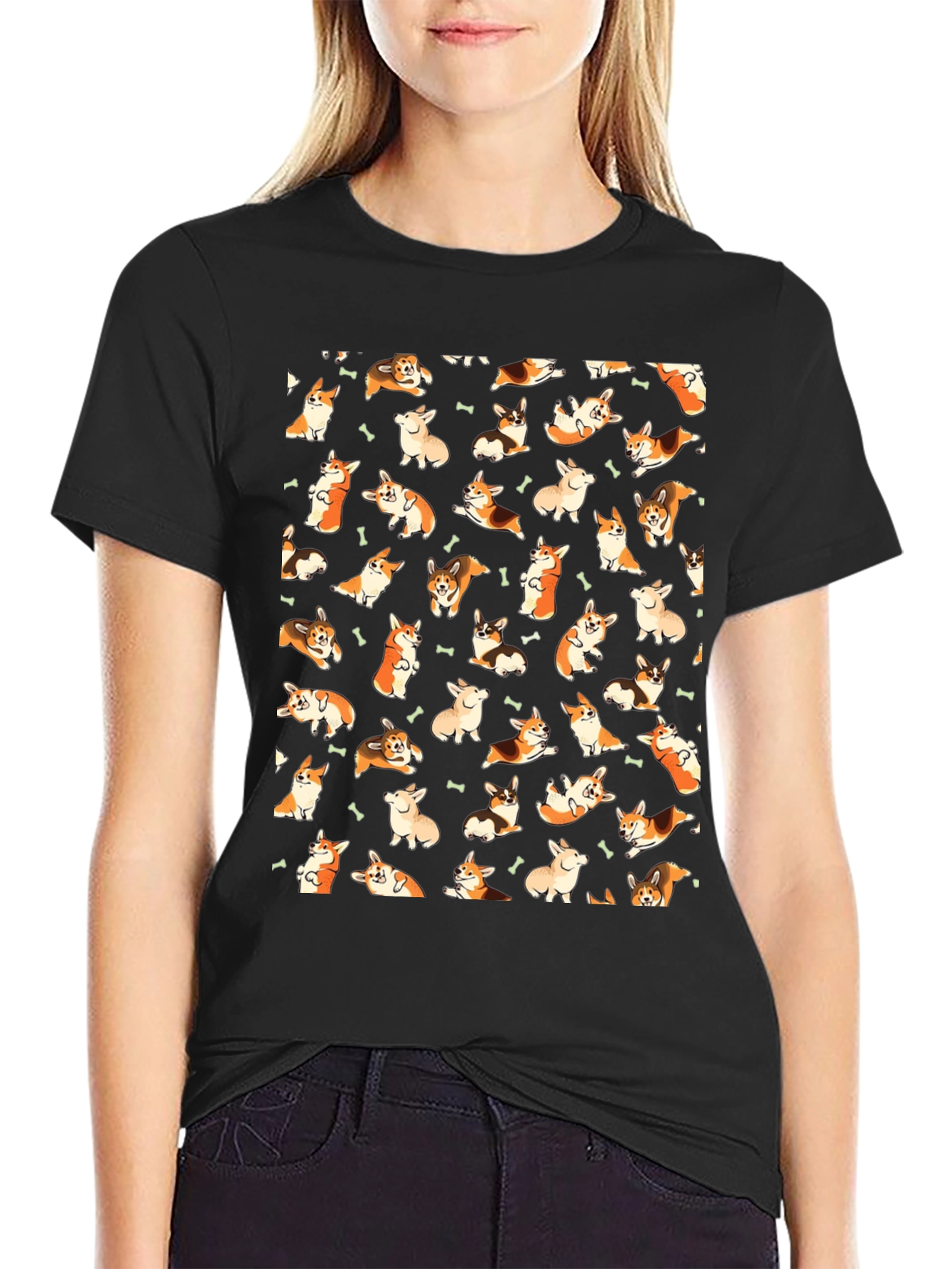 Corgi Dog Pattern Black T-Shirt