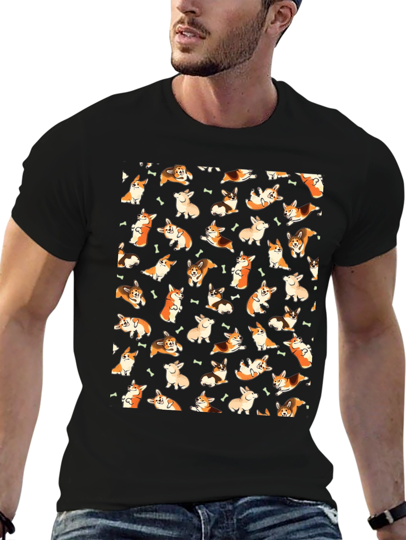 Corgi Dog Pattern Black T-Shirt