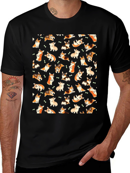 Corgi Dog Pattern Black T-Shirt
