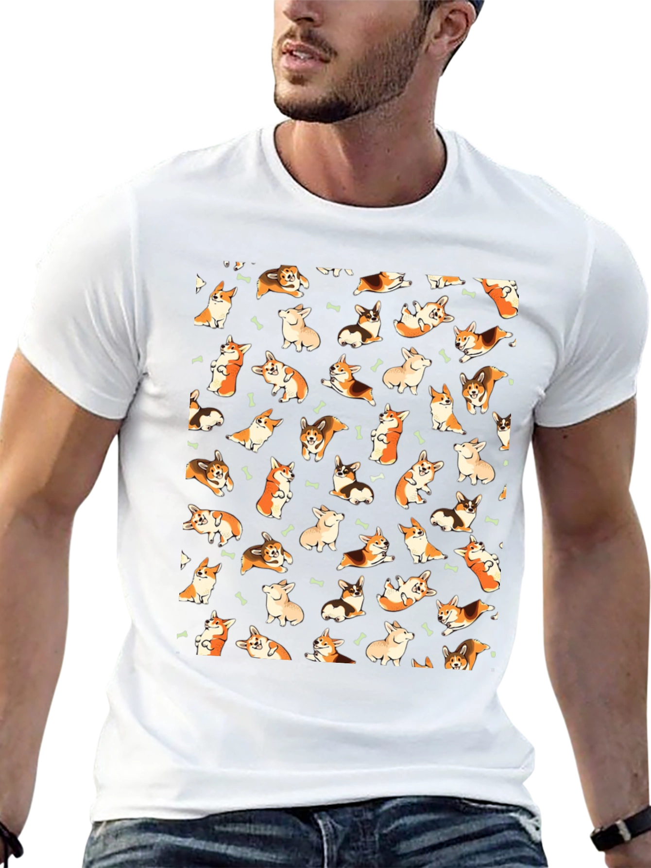 Corgi Dog Pattern Black T-Shirt