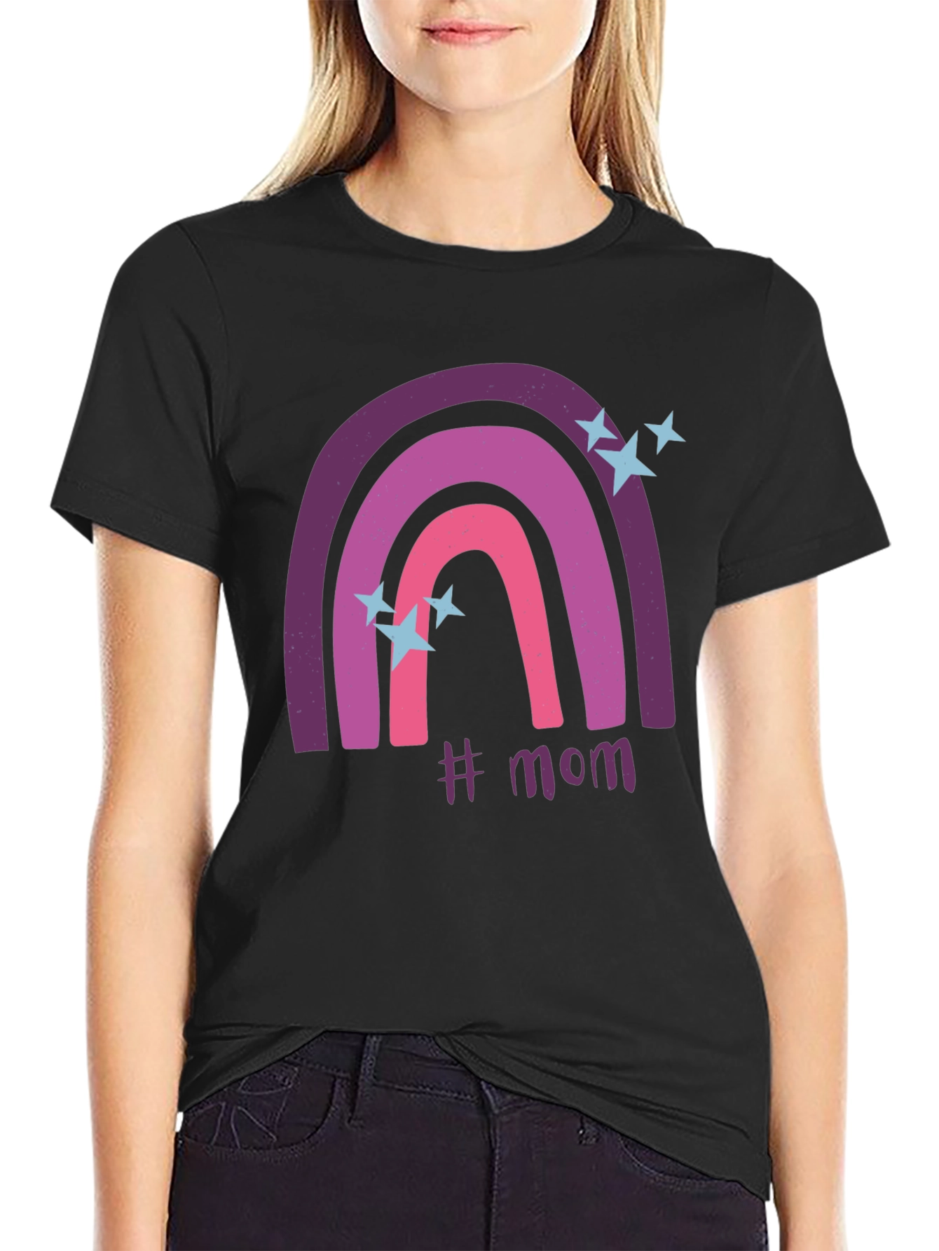 Trendy #Mom Rainbow Graphic Tee - Black Cotton T-Shirt