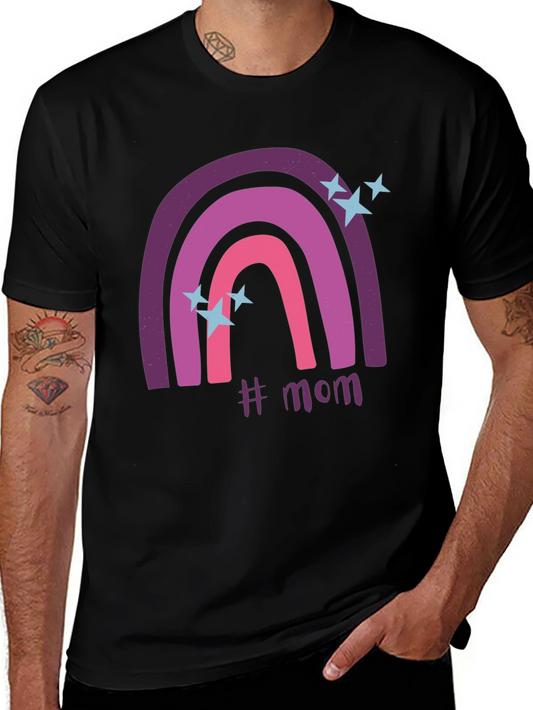 Trendy #Mom Rainbow Graphic Tee - Black Cotton T-Shirt