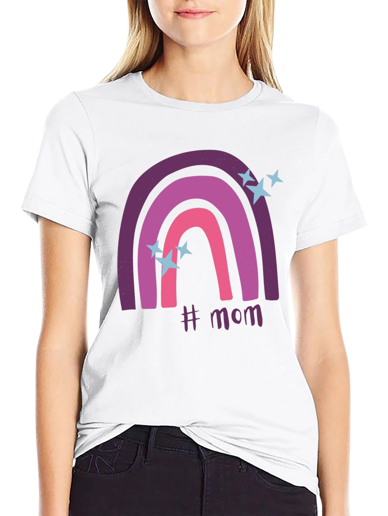 Trendy #Mom Rainbow Graphic Tee - Black Cotton T-Shirt