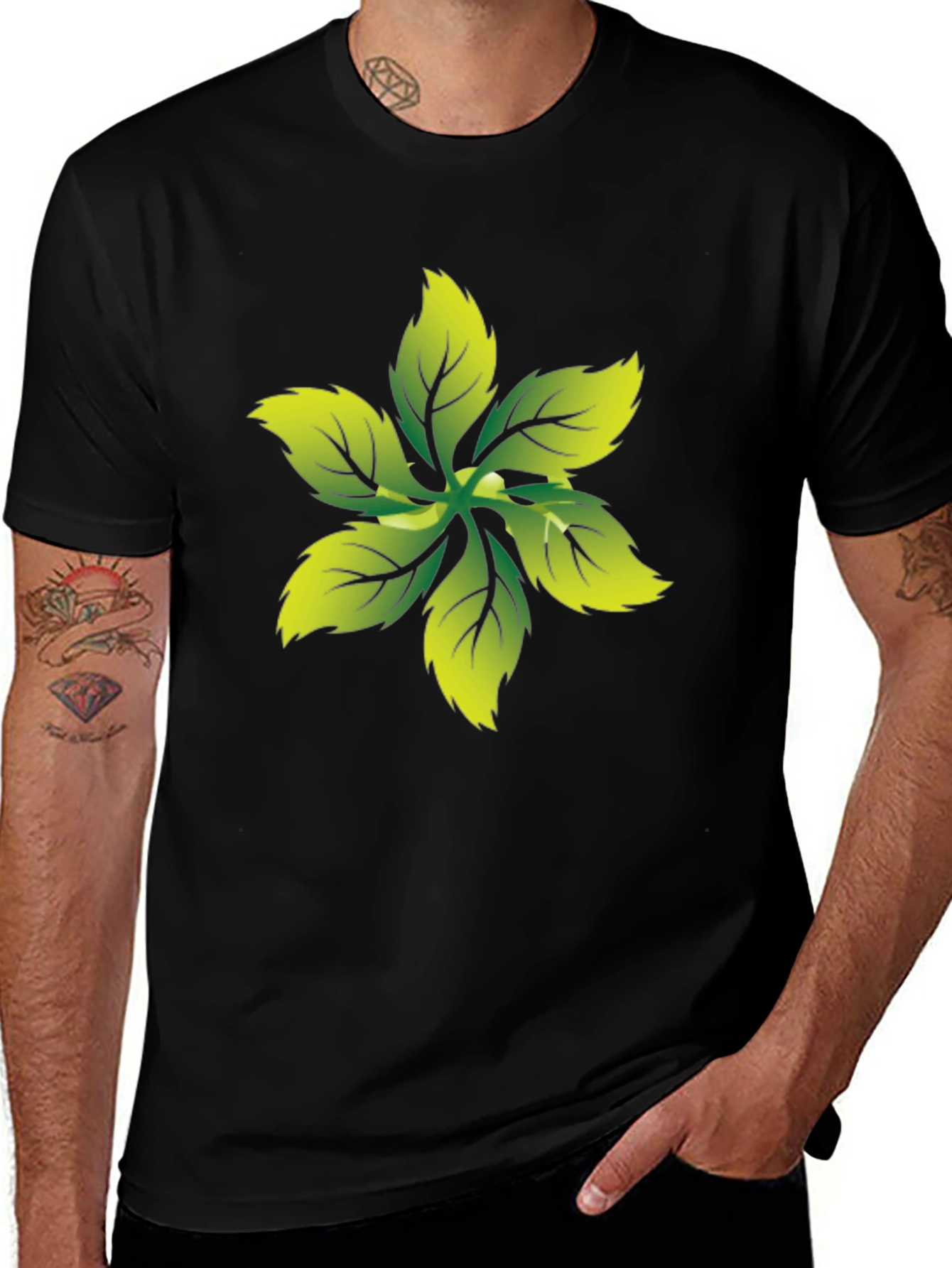 Leaf Print Black Tee - Nature Inspired Graphic T-Shirt