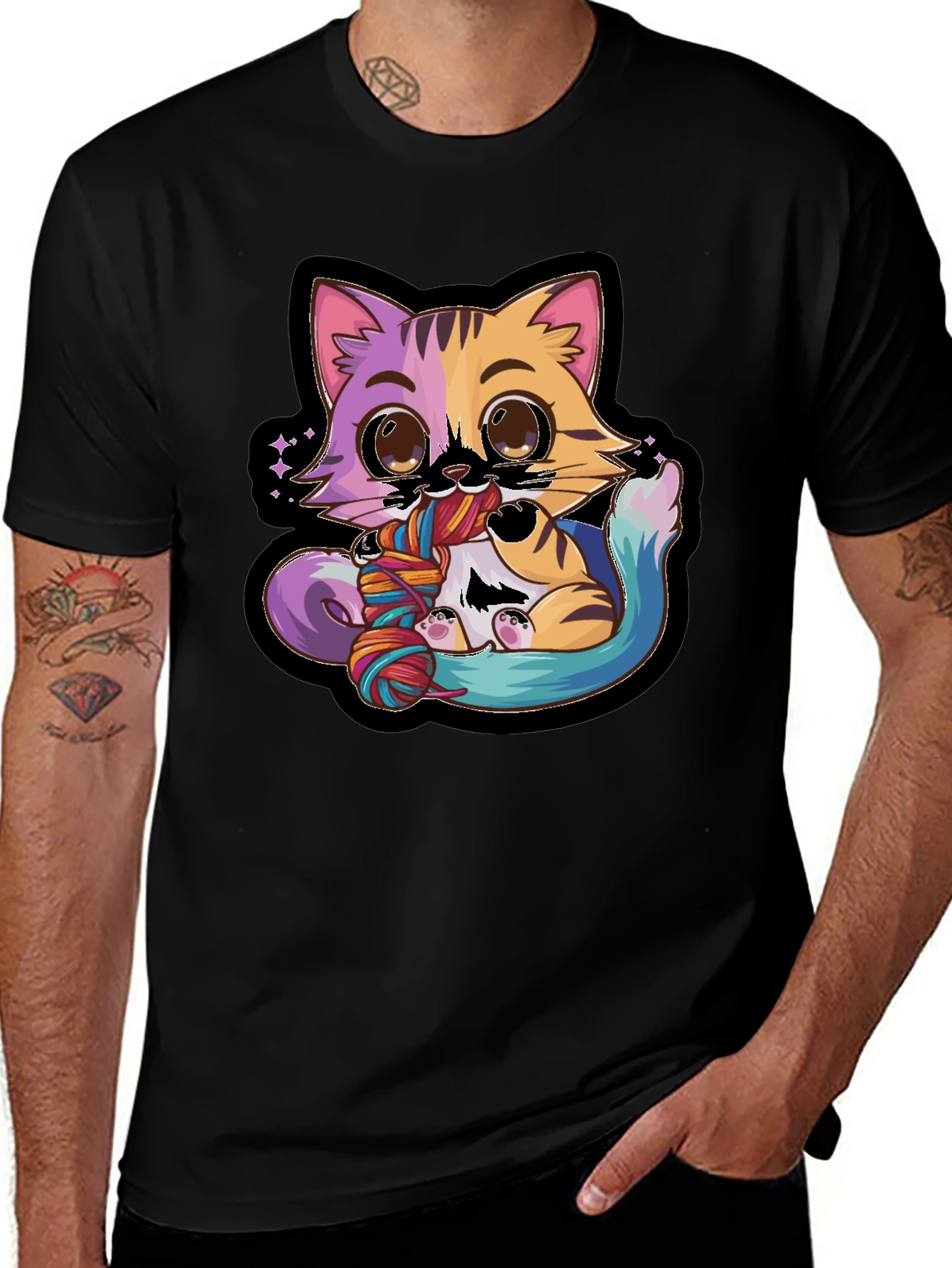 Cute Cat Yarn Lover Black T-Shirt